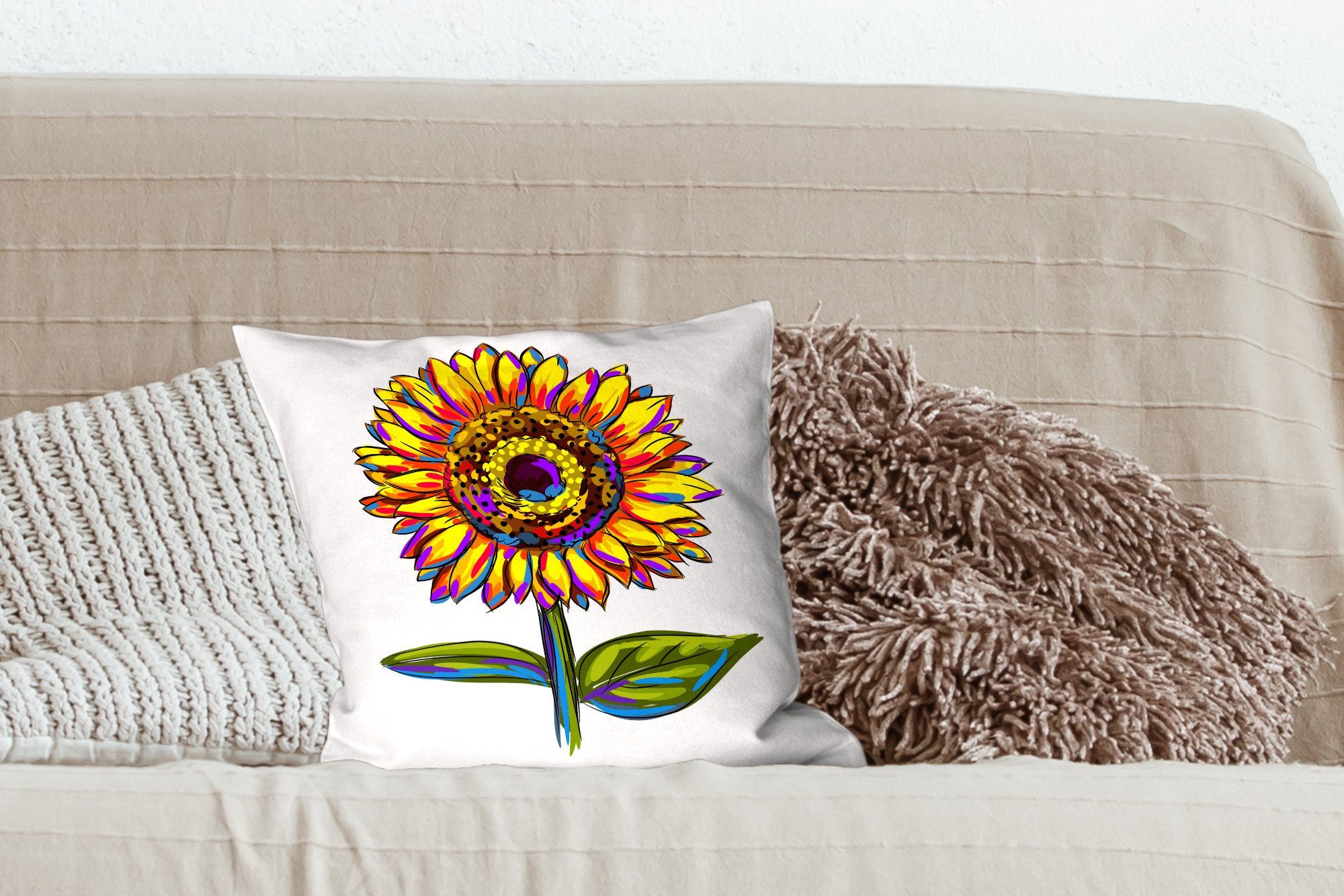 mit Sonnenblume, Deko, Füllung Illustration einer für Wohzimmer, Dekokissen bunten Zierkissen MuchoWow Schlafzimmer, Sofakissen