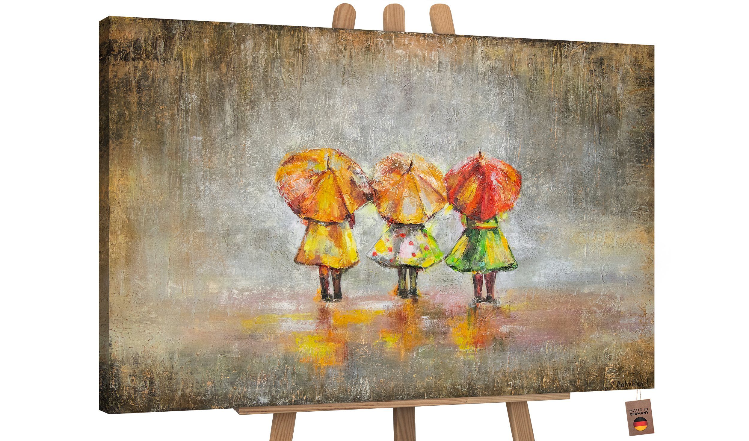 YS-Art Gemälde Sommerregen, Menschen, Kinder mit Regenschirm Leinwand Bild Handgemalt Kinderzimmer Ohne Schattenfugenrahmen
