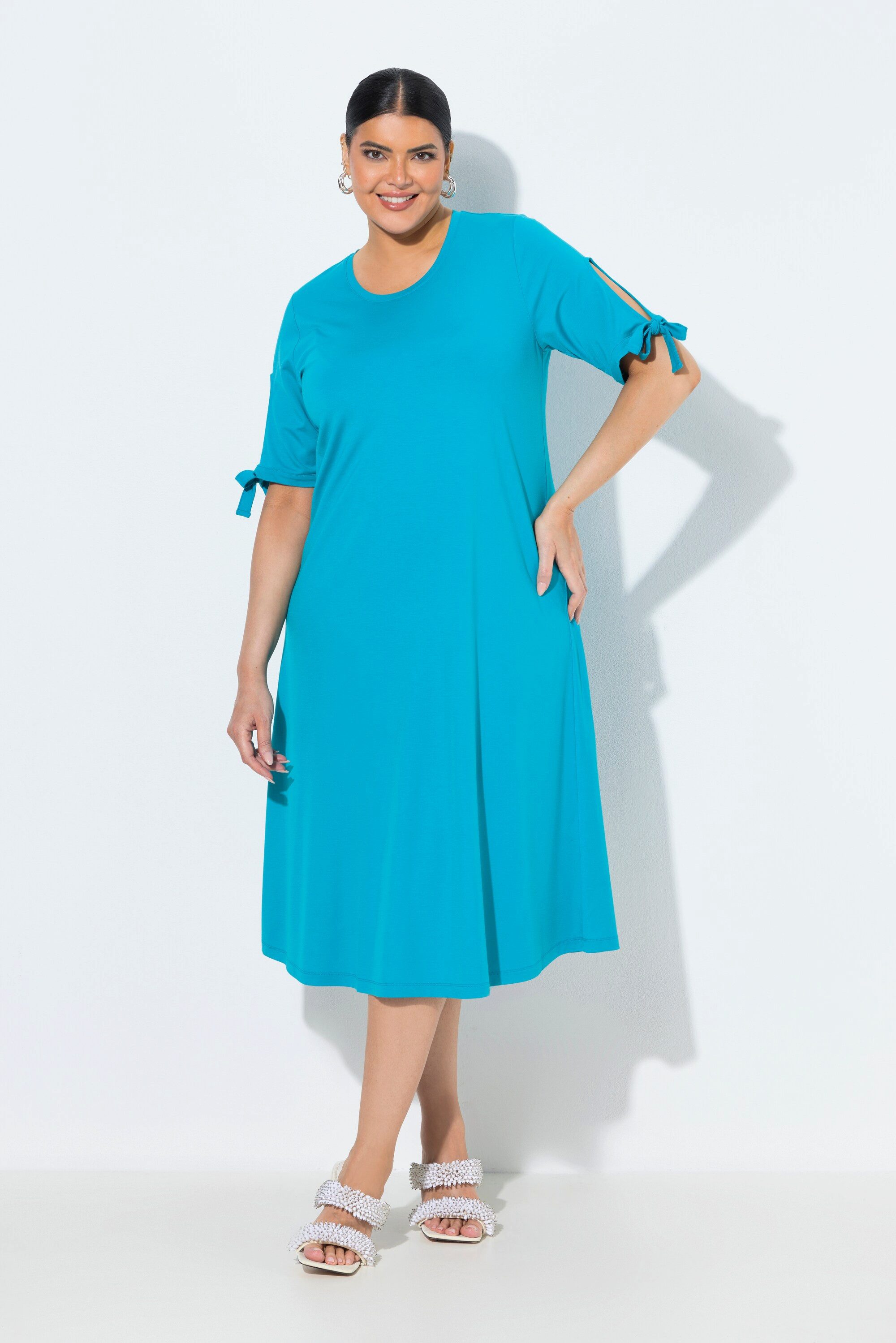 Ulla Popken Midikleid Midikleid Ärmelschlitz A-Linie Rundhals Halbarm