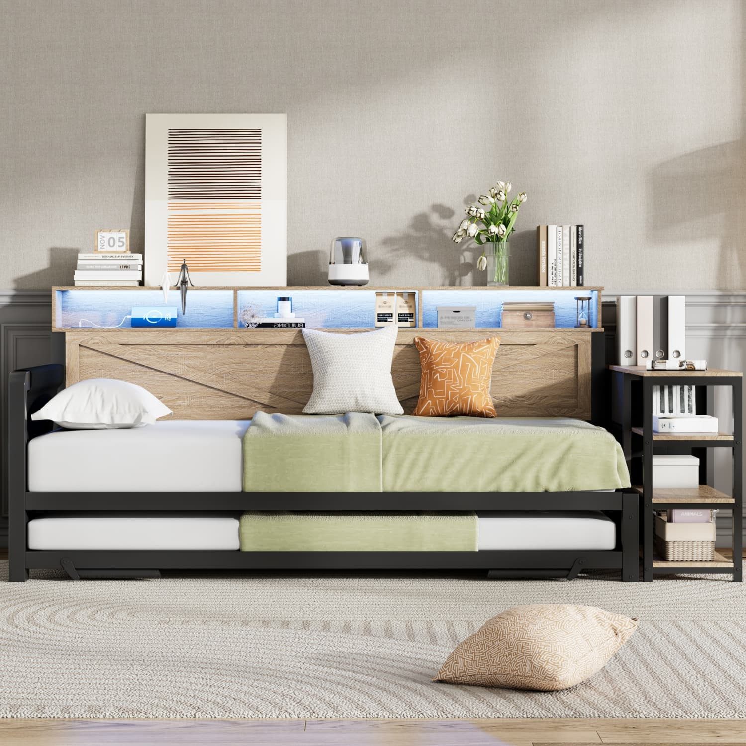 autolock Schlafsofa Metall-Schlafsofa,Sofabett mit verstellbarem Ausziehbett,Stauschrank, mit 3 Schubladen,Staufächern, LED-Beleuchtung und USB-Anschluss