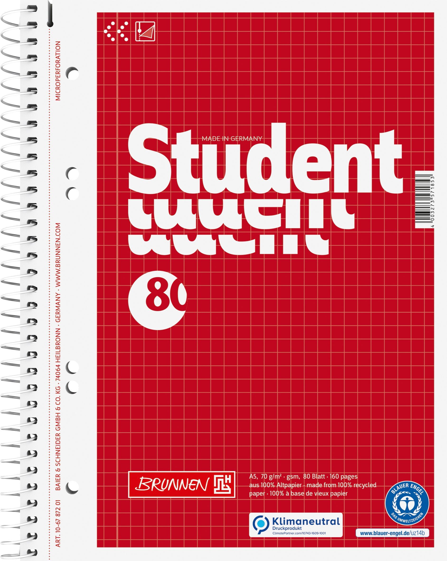 BRUNNEN Notizblock Collegeblock Student Recycling A5 kariert mit Randlinie innen Deckblat