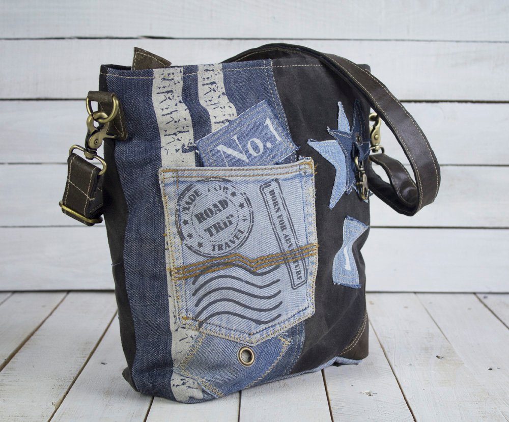 Jeans Aus und recycelten Crossbody recycelte Materialien Umhängetasche für Canvas. ihn, aus Sunsa Sie/ Umhängetasche bag schwarze