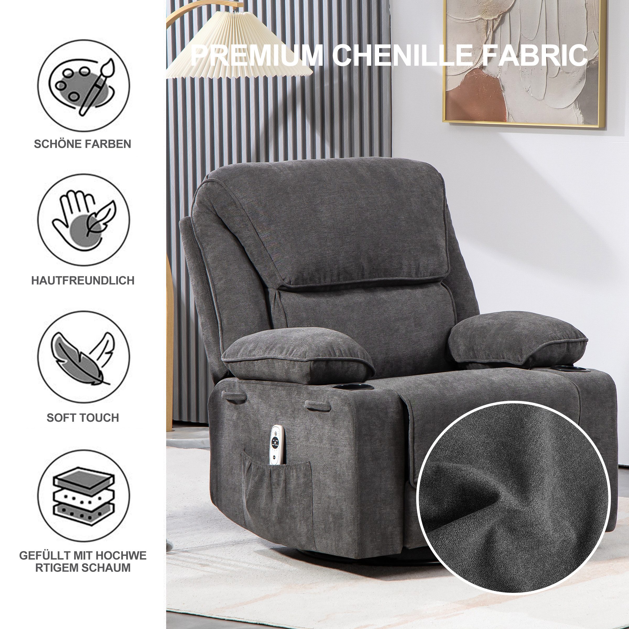 BRTHORY Massagesessel Relaxsessel mit Massagefunktion, Fernsehsessel, 360°drehbar (1-St), Massagesessel mit Liege- und Schaukel-Funktion