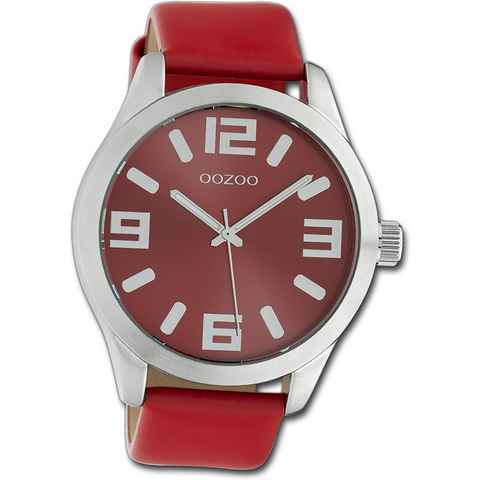 OOZOO Quarzuhr Oozoo Armbanduhr Timepieces, (Analoguhr), Damenuhr Lederarmband rot, rundes Gehäuse, extra groß (ca. 46mm)
