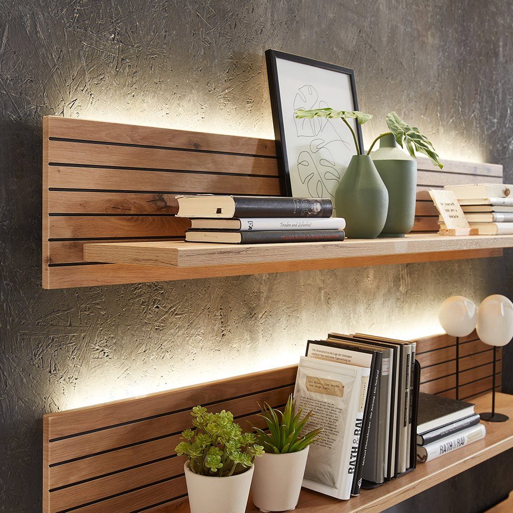Lomadox Wandregal CUST-36, inkl. LED-Beleuchtung Artisan Eiche Rillenoptik, Breite 120 cm