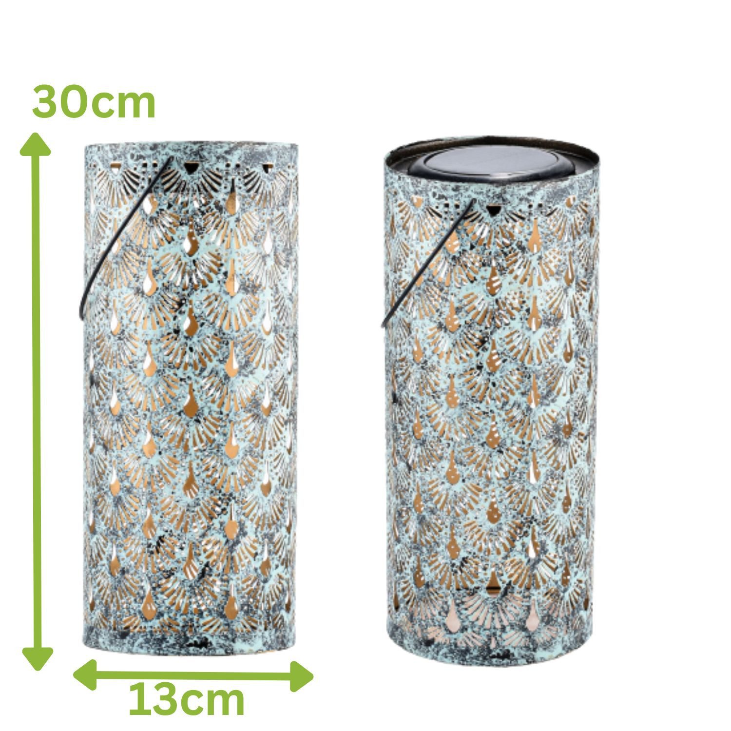 Marrakesch Orient & Mediterran Interior LED Solarleuchte Orientalische Solarlaterne Fava handgefertigt aus Metall in Grün 30 cm, LED fest integriert, Handarbeit