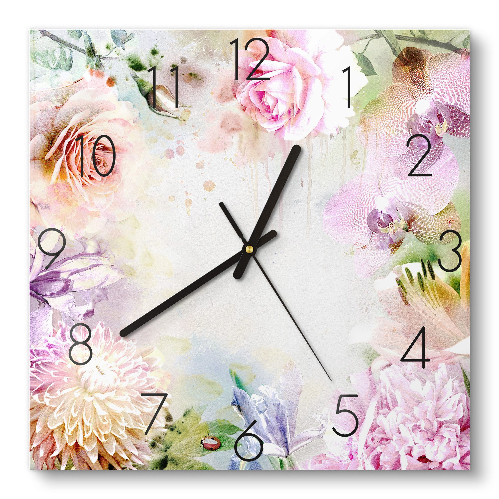 DEQOART Wanduhr 'Zauberhaftes Blumenmeer' (Glas Glasuhr modern Wand Uhr Design Küchenuhr)