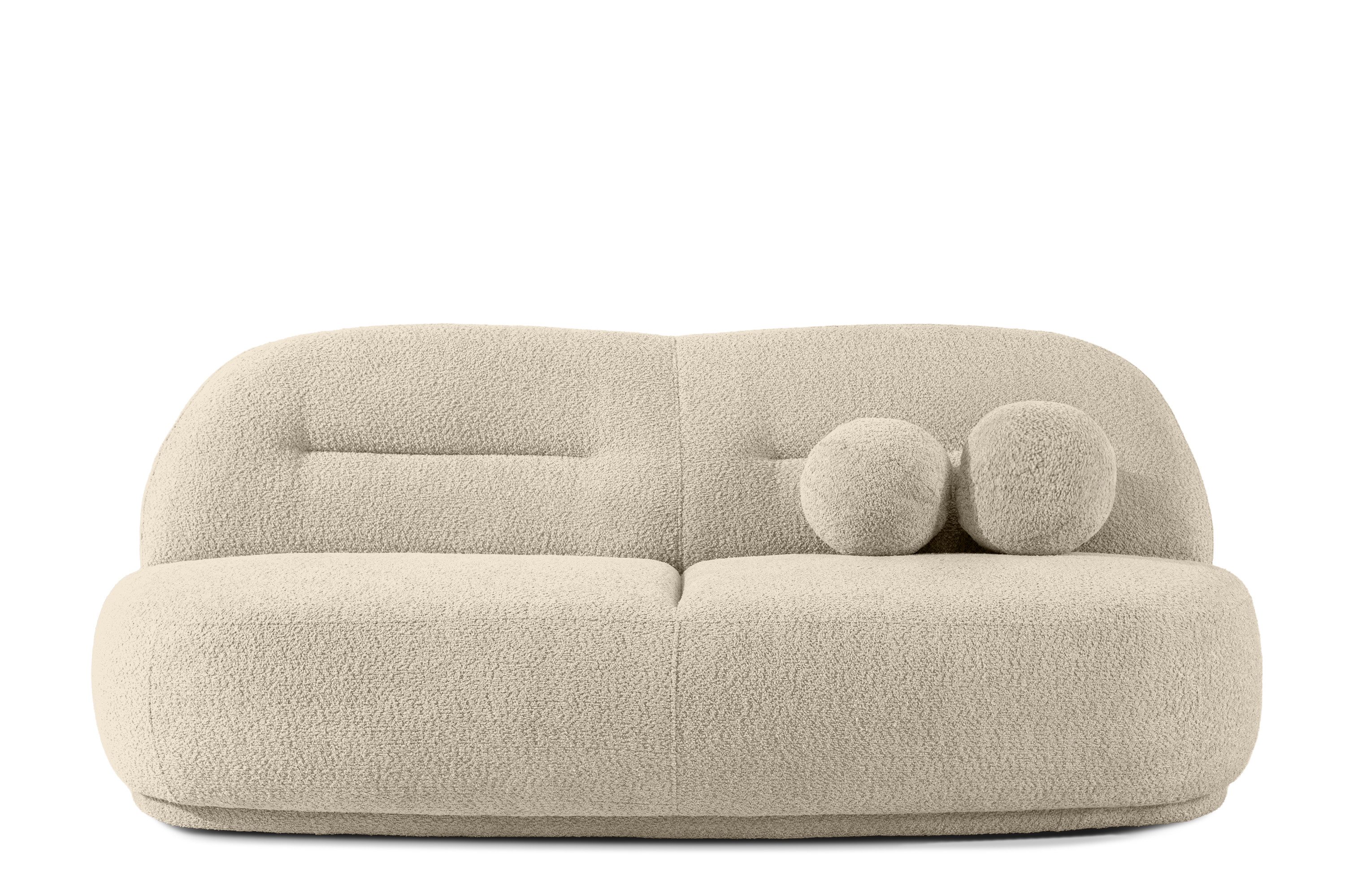 KONSIMO® Sofa MALVE Bequeme 3-Sitzer Couch in Bouclé-Stoff, Japandi-Stil, 2 Dekokissen in Kugelform, Chenille-Stoff, Weiche Sitzfläche