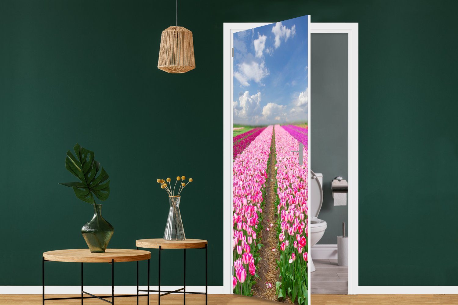 Tulpen bedruckt, Sonne MuchoWow (1 für Türtapete - Fototapete cm Frühling, Türaufkleber, - 75x205 St), Tür, Matt,