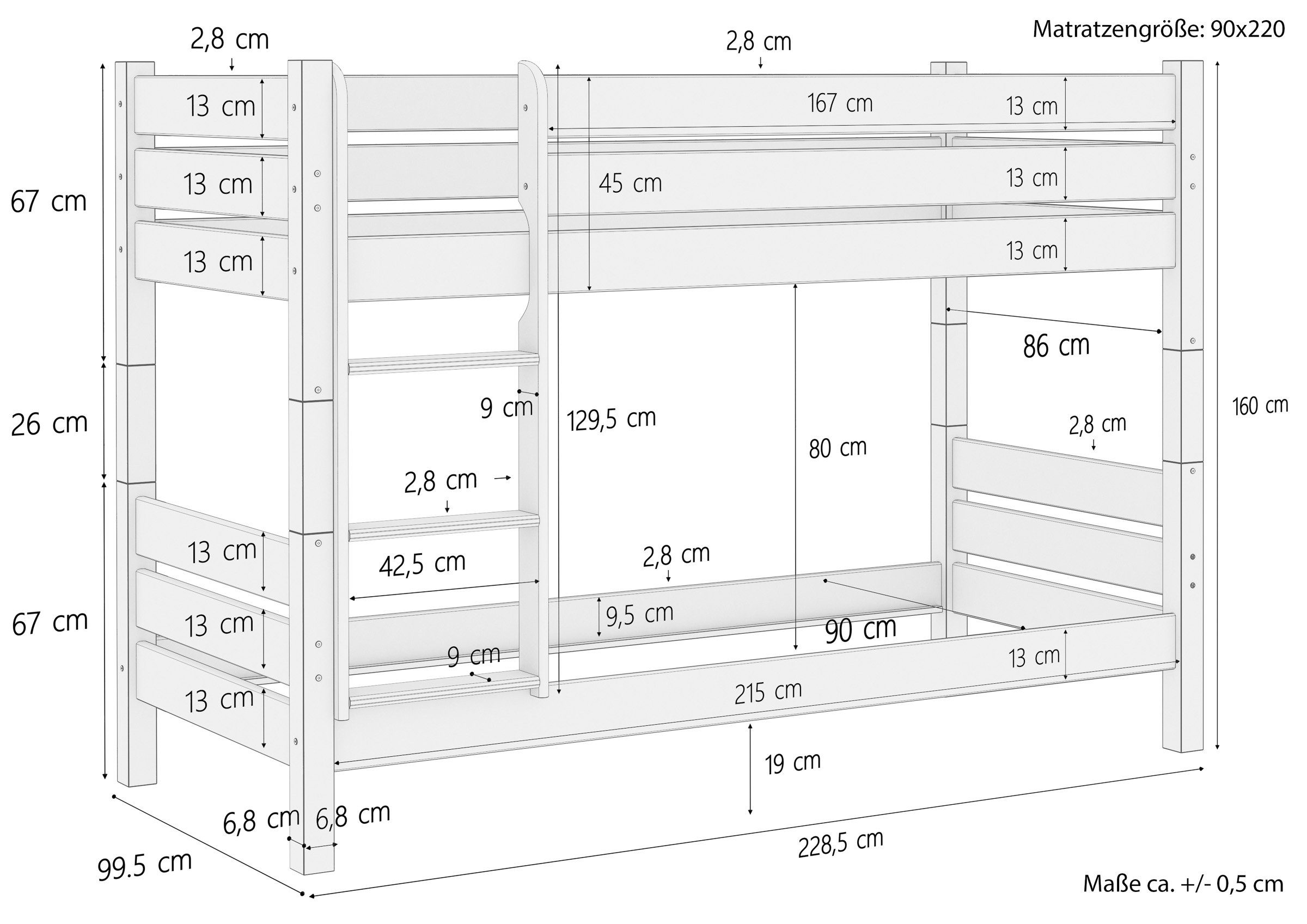 ERST-HOLZ Etagenbett Stockbett aus Massivholz weiß Überlänge 90x220 teilbar Rost mit