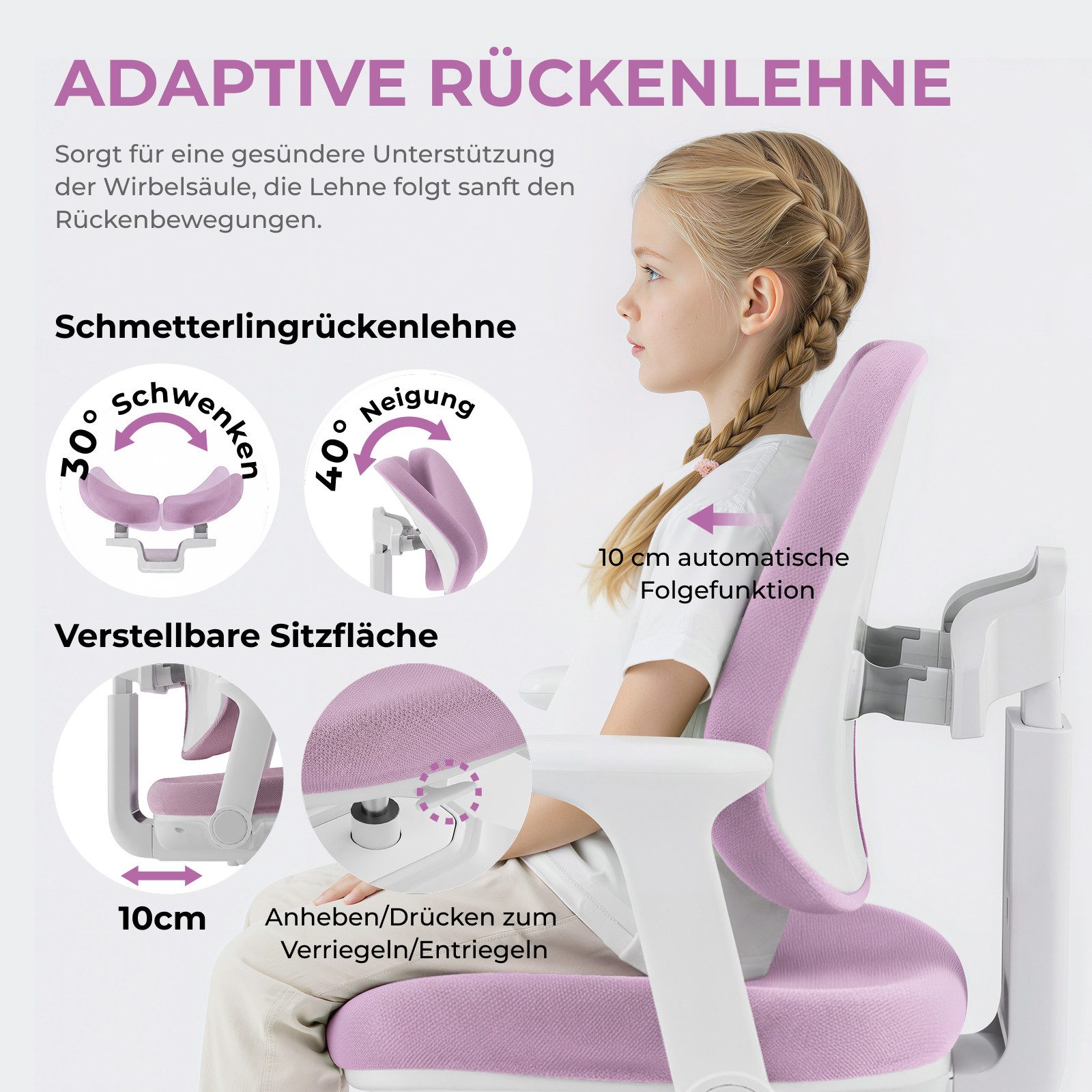 HOKO Kinderstuhl höhenverstellbar für Kinder & Jugendliche (Kinderschreibtischstuhl mit abnehmbarer Fußstütze, Schmetterlingslehne, klappbaren Armlehnen und selbstsperrenden Rollen, 1 St), für ab 6 Jahren, Sitzhöhe 43–54 cm, 10 cm Sitzverstellung, Rosa, ANKE