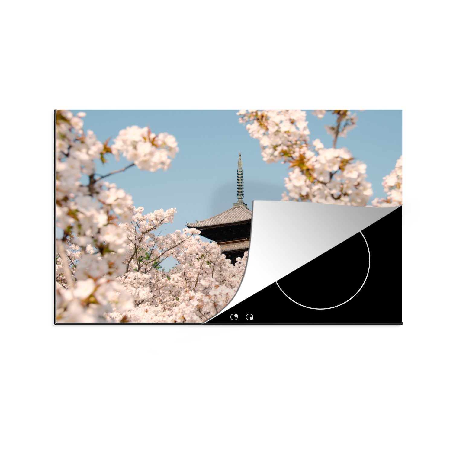 MuchoWow Herdblende-/Abdeckplatte Sakura - Blütenbaum - (1 81x52 - für die - Schutz Induktionskochfeld Ceranfeldabdeckung Pagode Vinyl, Frühling, küche, cm, Japan tlg)