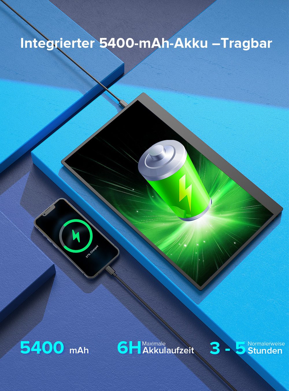 UPERFECT 15,6-Zoll-Full-HD-Touchscreen, eingebauter 5400-mAh-Akku Portabler Monitor (39,62 cm/15.6 ", 1920x1080 px, Full HD, 3 ms Reaktionszeit, 60 Hz, IPS)