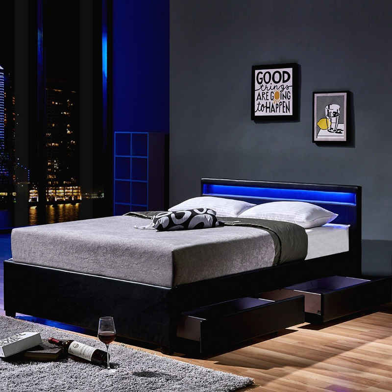 HOME DELUXE Bett »LED Bett NUBE mit Schubladen« (Set, 2-tlg., bett mit Schubladen und Lattenrost), mit Bettkasten und Lattenrost, Variante mit oder ohne Matratze