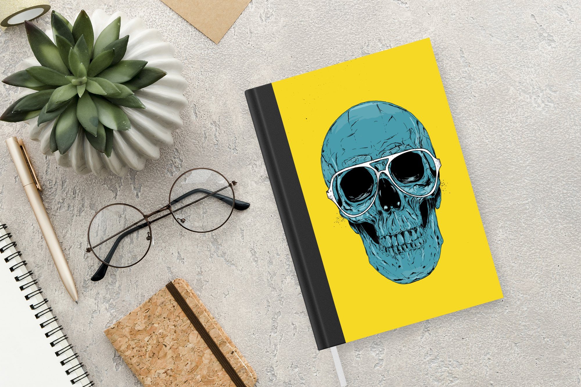 MuchoWow Totenkopf, Brille Journal, - Merkzettel, - 98 Notizheft, Tagebuch, Gelb Blau Haushaltsbuch Totenkopf - A5, - Notizbuch Seiten,