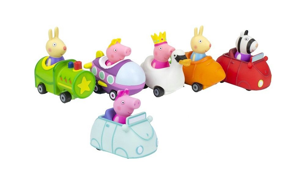 Jazwares Spielfigur Peppa Wutz und ihre Freunde Mini Flitzer, 6 verschiedene Motive, (Set mit, 6 Figuren), Buggys mit richtig rollenden Rädern