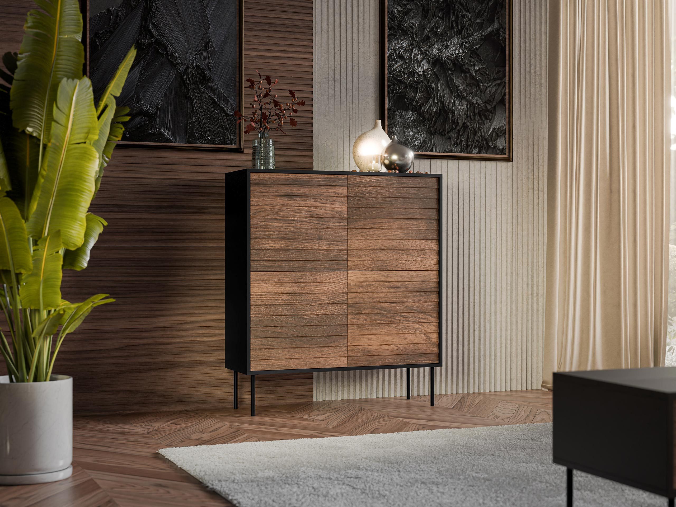 MIRJAN24 Kommode Cortina 100 4D (mit vier Drehtüren), Schwarze Stahlfüße, 102x40x118 cm
