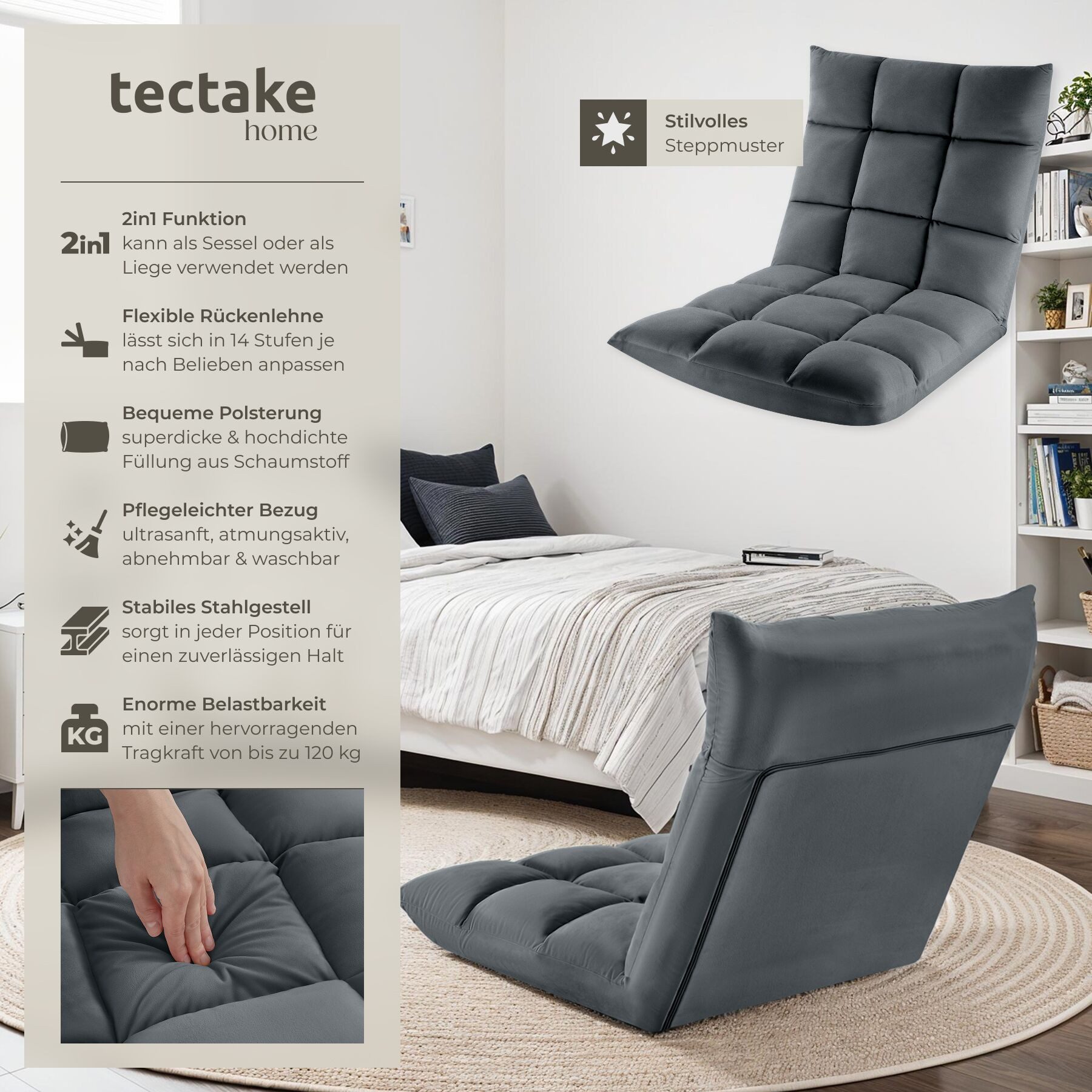 tectake Relaxsessel Polstersessel mit Samtbezug, Belastbarkeit 120 kg, 108 x 57 x 13,5 (Fernsehsessel Snooze, in Grau), 2 in 1, gepolstert, verstellbare Rückenlehne, stabiles Stahlgestell
