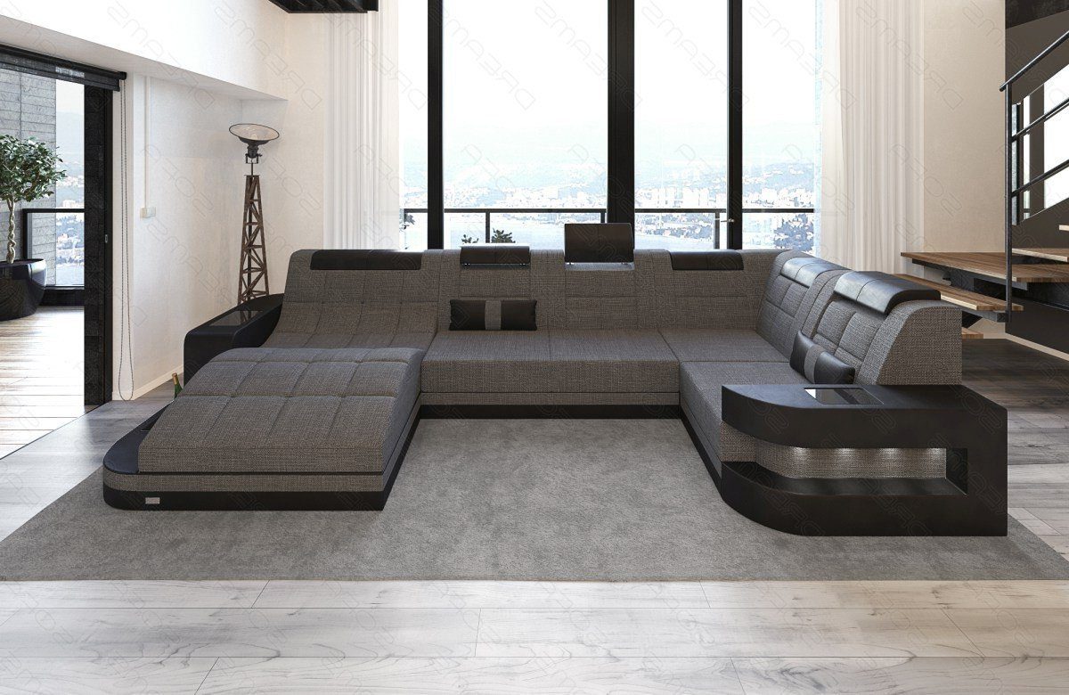 Sofa Dreams Wohnlandschaft Polster Stoffsofa wahlweise Bettfunktion U Couch grau-schwarz Form H Wave Strukturstoff mit Sofa