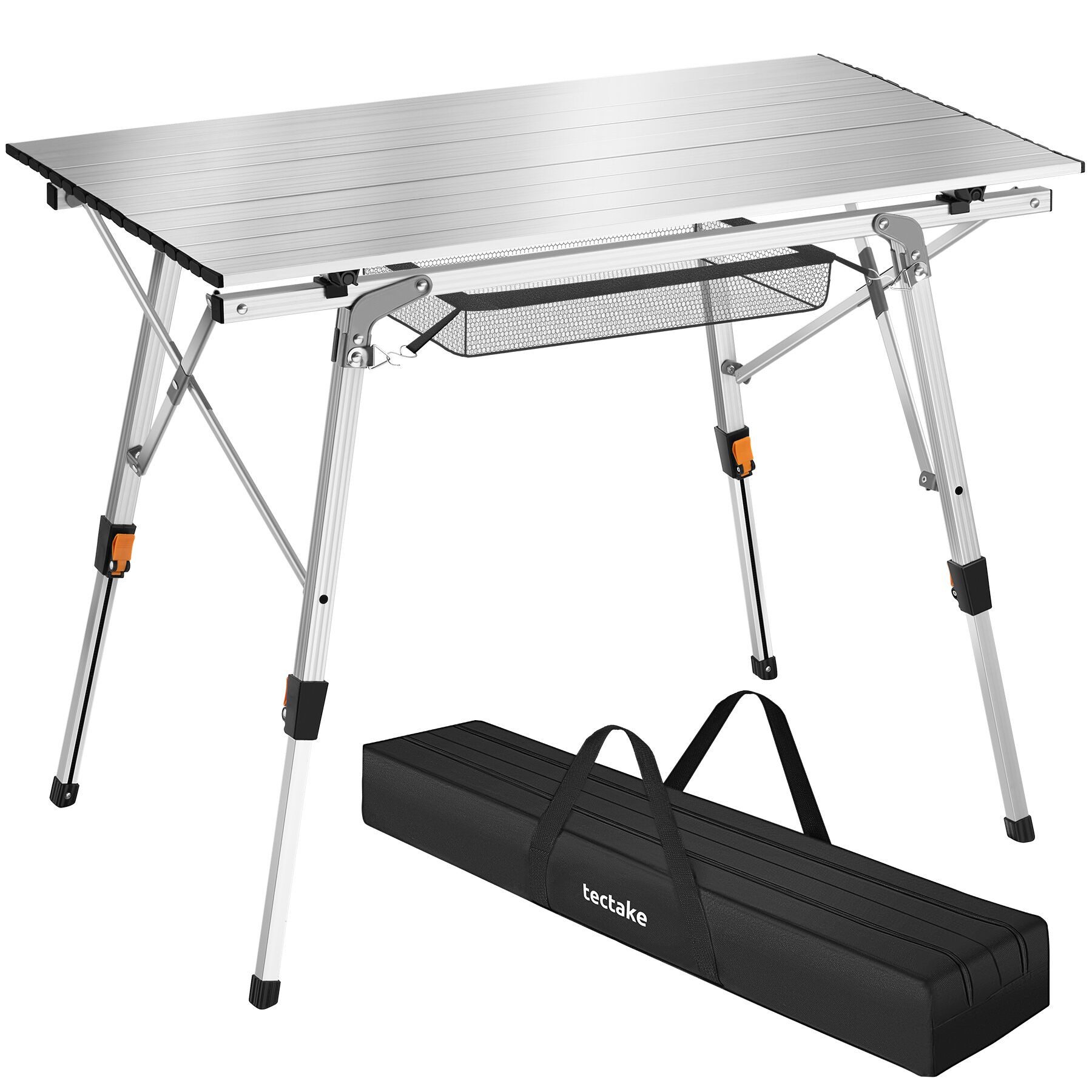 tectake Campingtisch Aluminium Klapptisch - faltbar, wetterfest, 90 x 52 x 47 - 70 cm (Outdoor Beistelltisch Tina, 1-St., in silber), höhenverstellbar, mit Aufbewahrungsnetz und Tragetasche