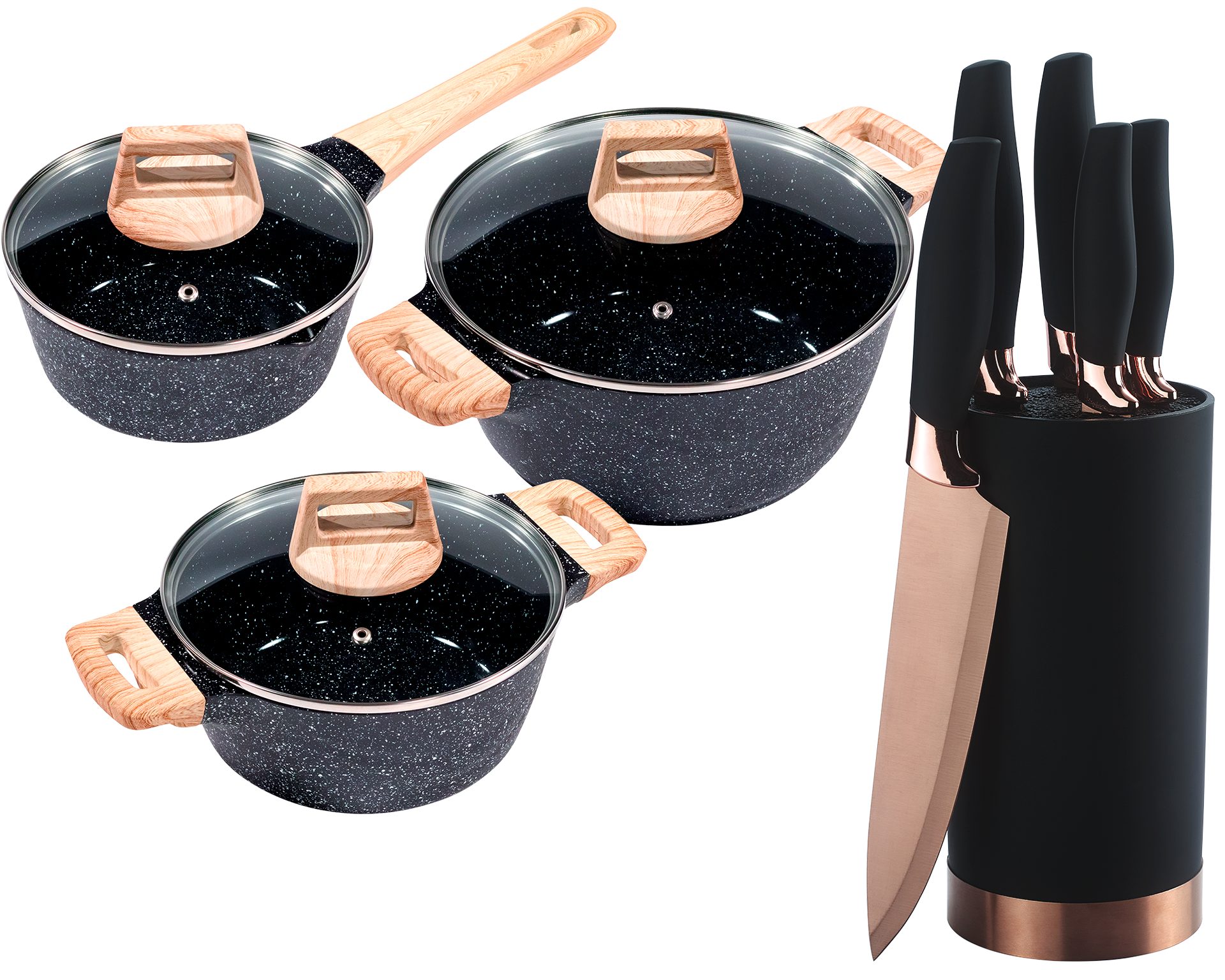 KING Topf-Set »ESSENTIAL« Aluminiumguss, Induktion, Antihaftbeschichtung, Aluminiumguss (Set, 12-tlg., 2 Töpfe, 1 Stieltopf, 3 Glasdeckel), inkl. 5 Küchenmesser, 1 Messerblock