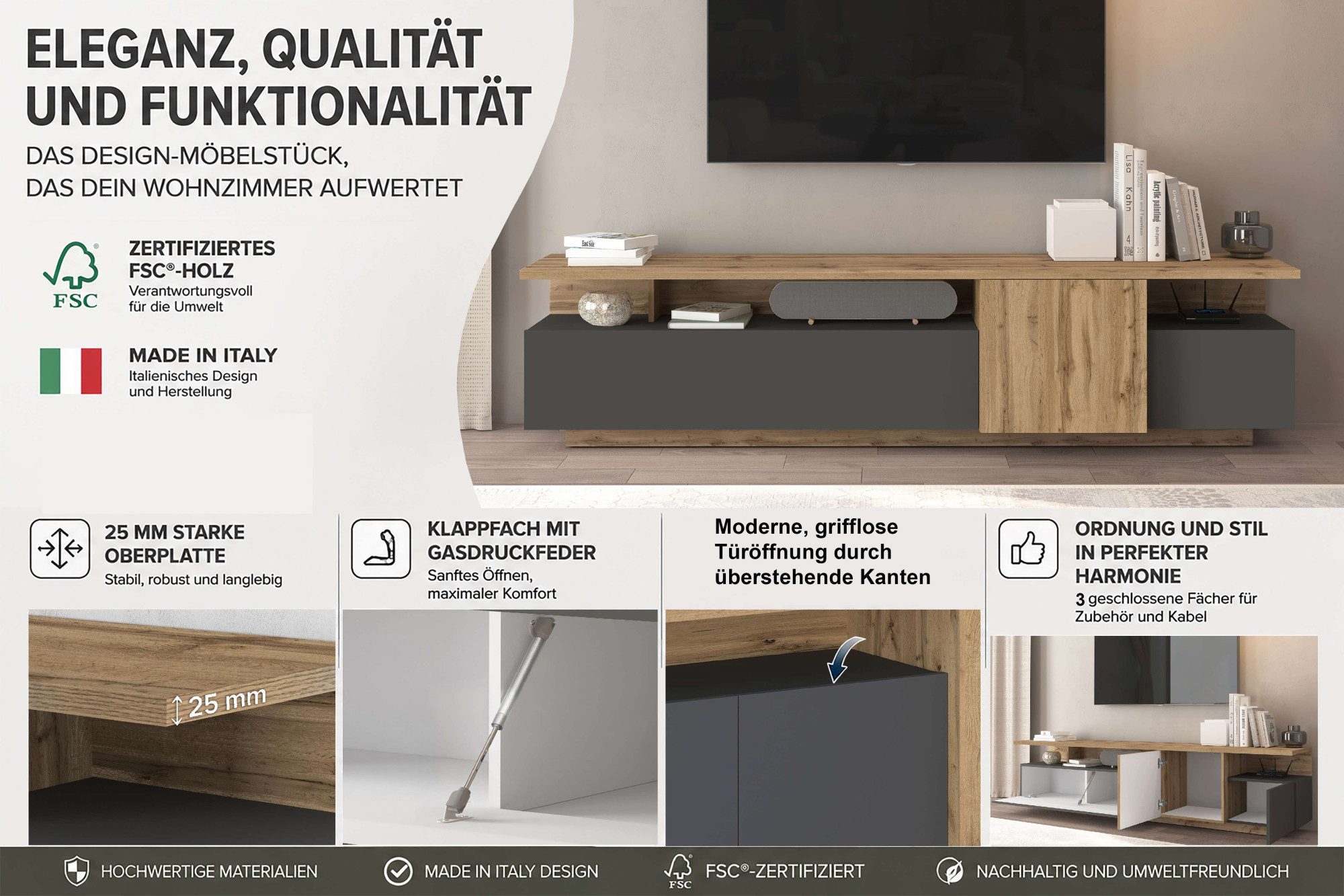 OTTO home Lowboard Lowboard ETHOS,Lowboard,TV-Kommode,TV-Möbel,TV-Bank (1 St), Mit zwei Drehtüren, einer Klapptür und zwei offenen Fächern,B.210 cm