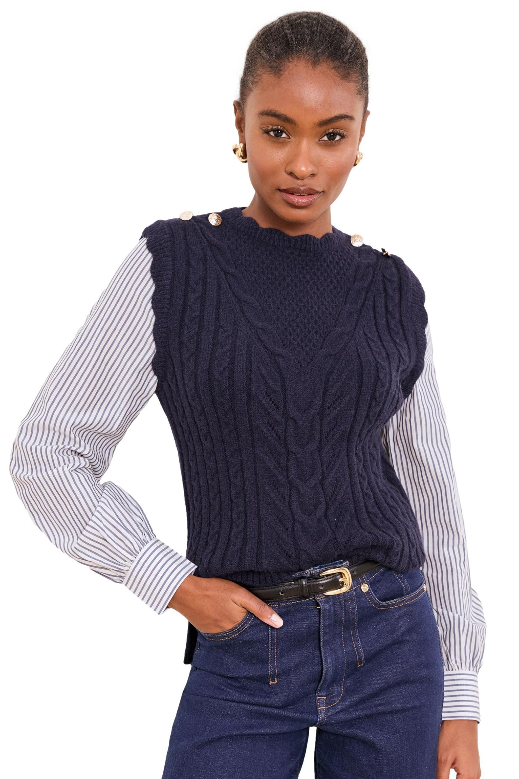 Strickpullover Lipsy Strickpullover-Hemd-Hybrid mit Zopfmuster