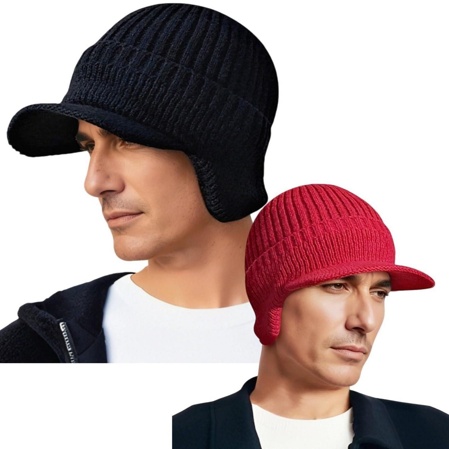 LuxusKollektion Strickmütze Wintermütze Ohrenklappen Herren Einheitsgröße Schwarz Weinrot