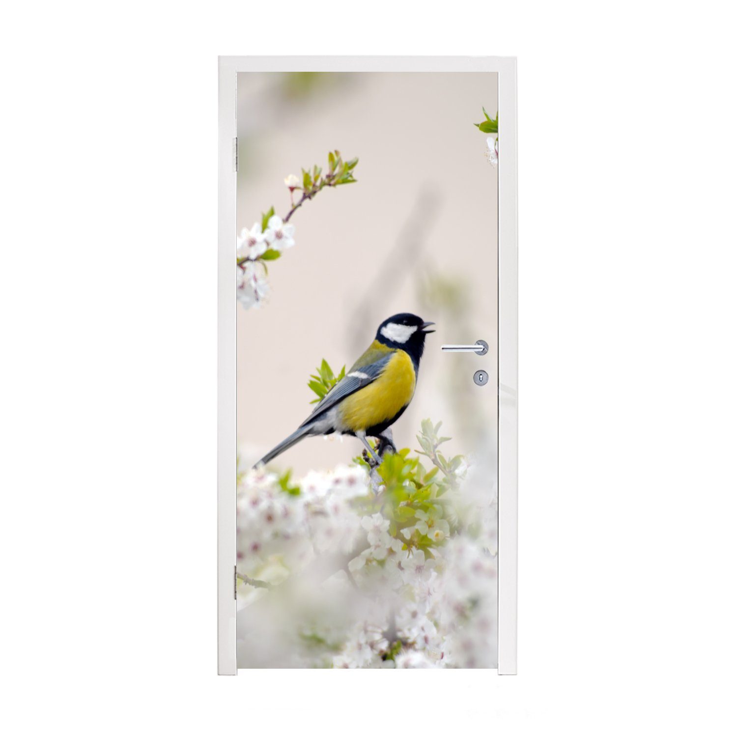bedruckt, (1 Türtapete Blütenbaum, Matt, St), cm - - - Vogel 75x205 Kohlmeise Türaufkleber, für Fototapete Tür, Blumen MuchoWow