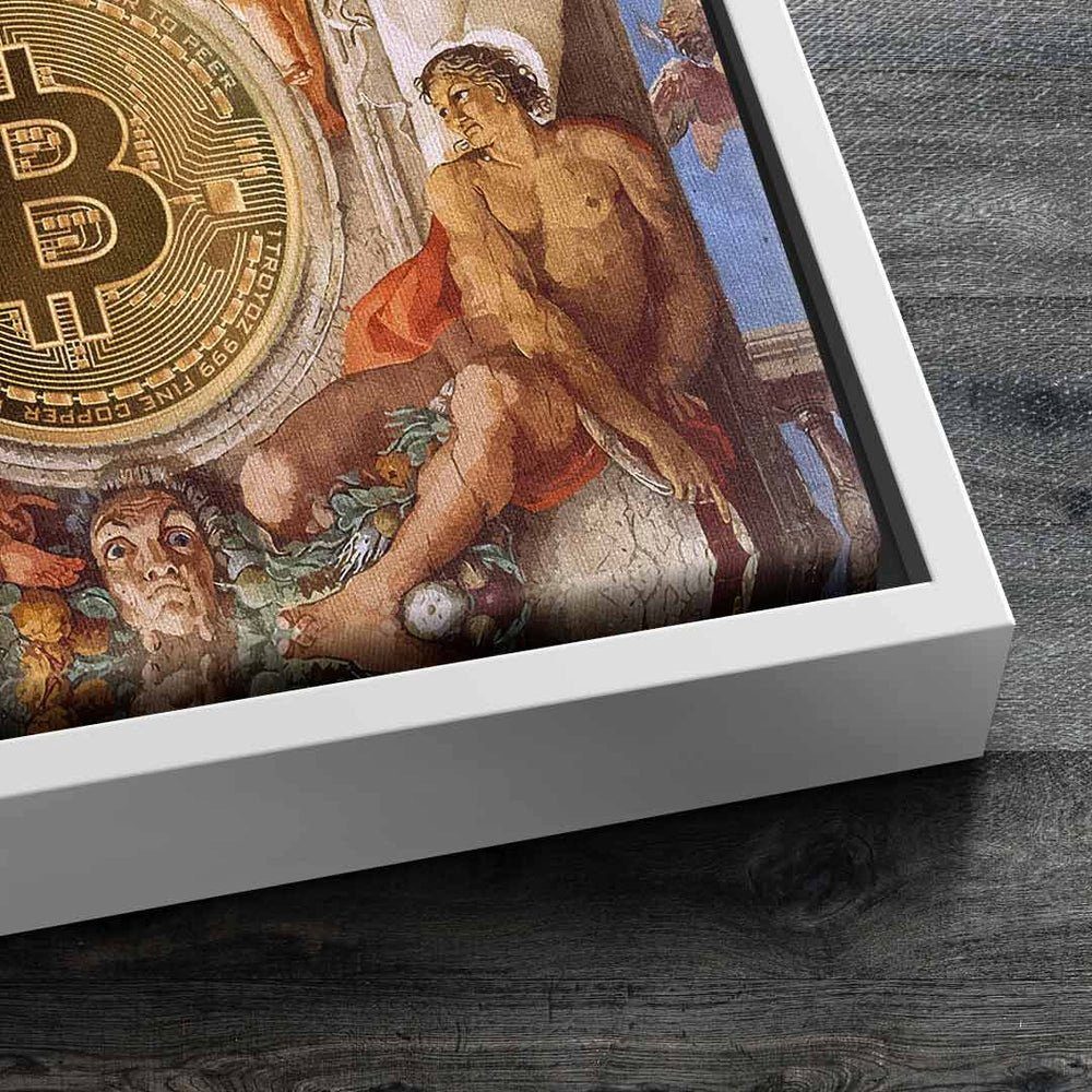 DOTCOMCANVAS® Bitcoin Geschichte Bitcoin History, braun alter Wandbild museum Leinwandbild weiß Rahmen Motivation schwarzer Gott