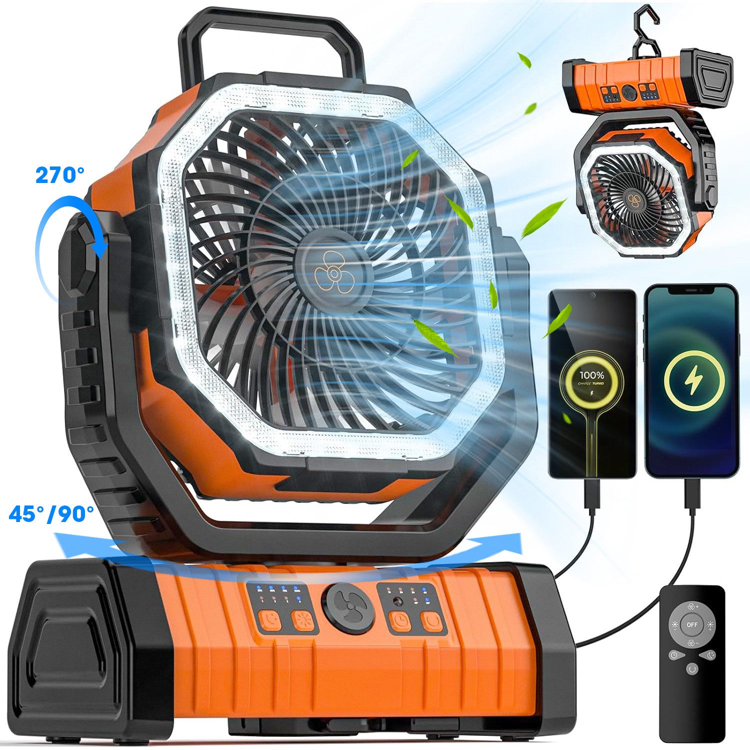 SWGOTA Akku-Standventilator USB Akku Ventilator mit Haken, Fernbedienung & Timer für Outdoor, Camping Ventilator 20000mAh mit Powerbank, LED Licht, 4 Stufen