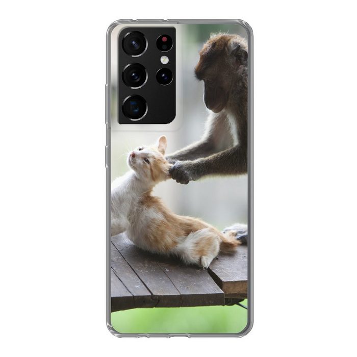 MuchoWow Handyhülle Katze - Affe - Holz Phone Case Handyhülle Samsung Galaxy S21 Ultra Silikon Schutzhülle