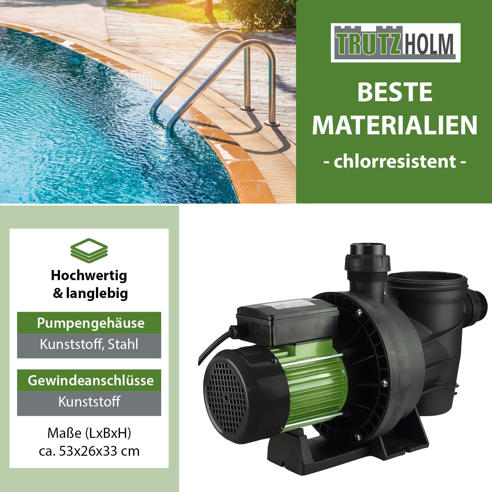 TRUTZHOLM Pool-Filterpumpe Schwimmbadpumpe Poolpumpe Swimmingpool Umwälzpumpe für Poolwasser (Set, 1-tlg), 15.000 l/h,Förderhöhe 13,5m,800W