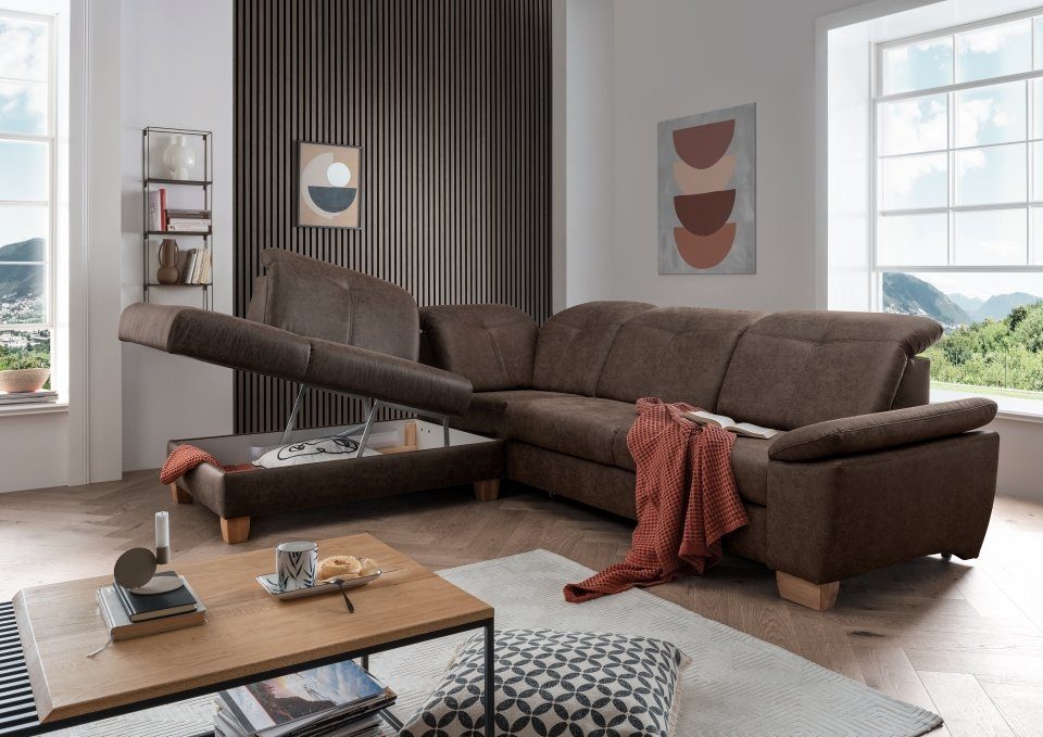 Armlehne, Kopflehnenfunktion Schlaffunktion, Myhomelando Bettkasten, Manhattan, mit Dunkelbraun Ecksofa verstellbarer