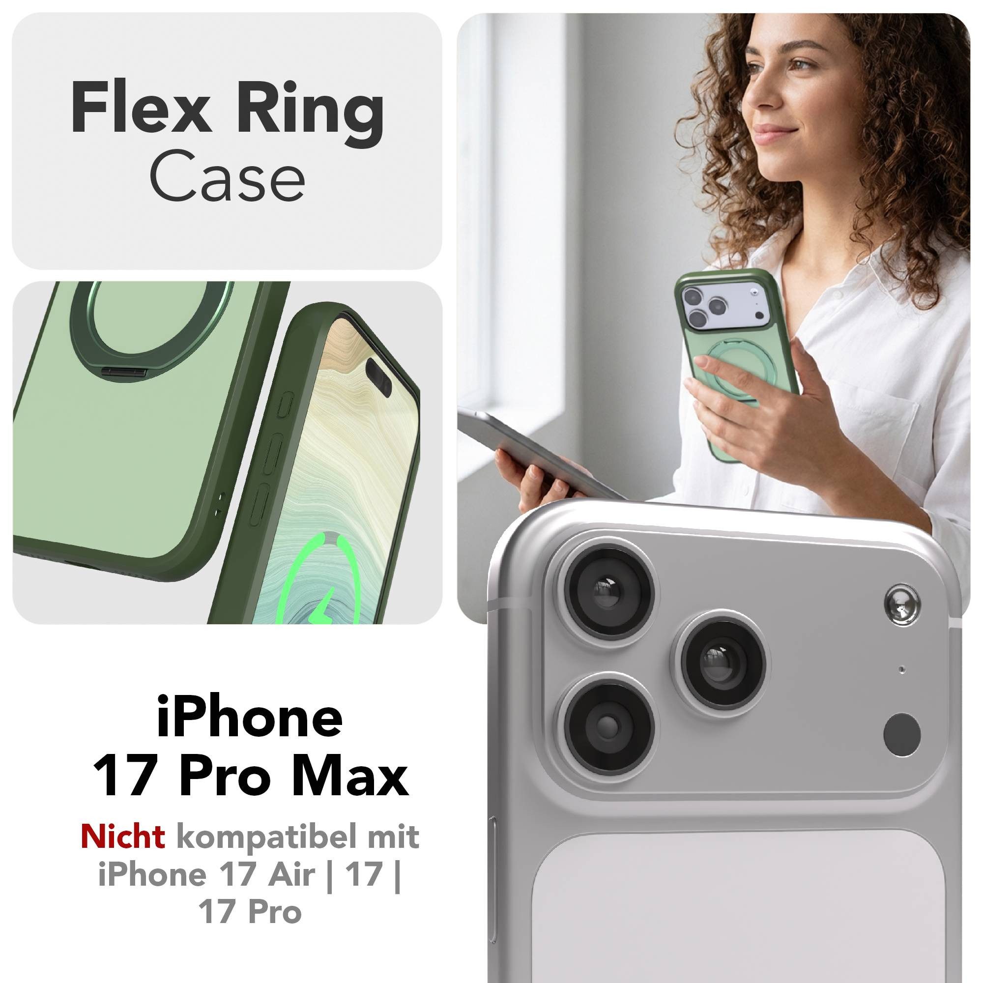 EAZY CASE Handyhülle Outdoor Apple iPhone 17 Pro Max Case MagSafe Rotation Ring 6,9 Zoll, Backcover Case mit Rotation Ring Outdoor Hülle aufstellbar Dunkelgrün