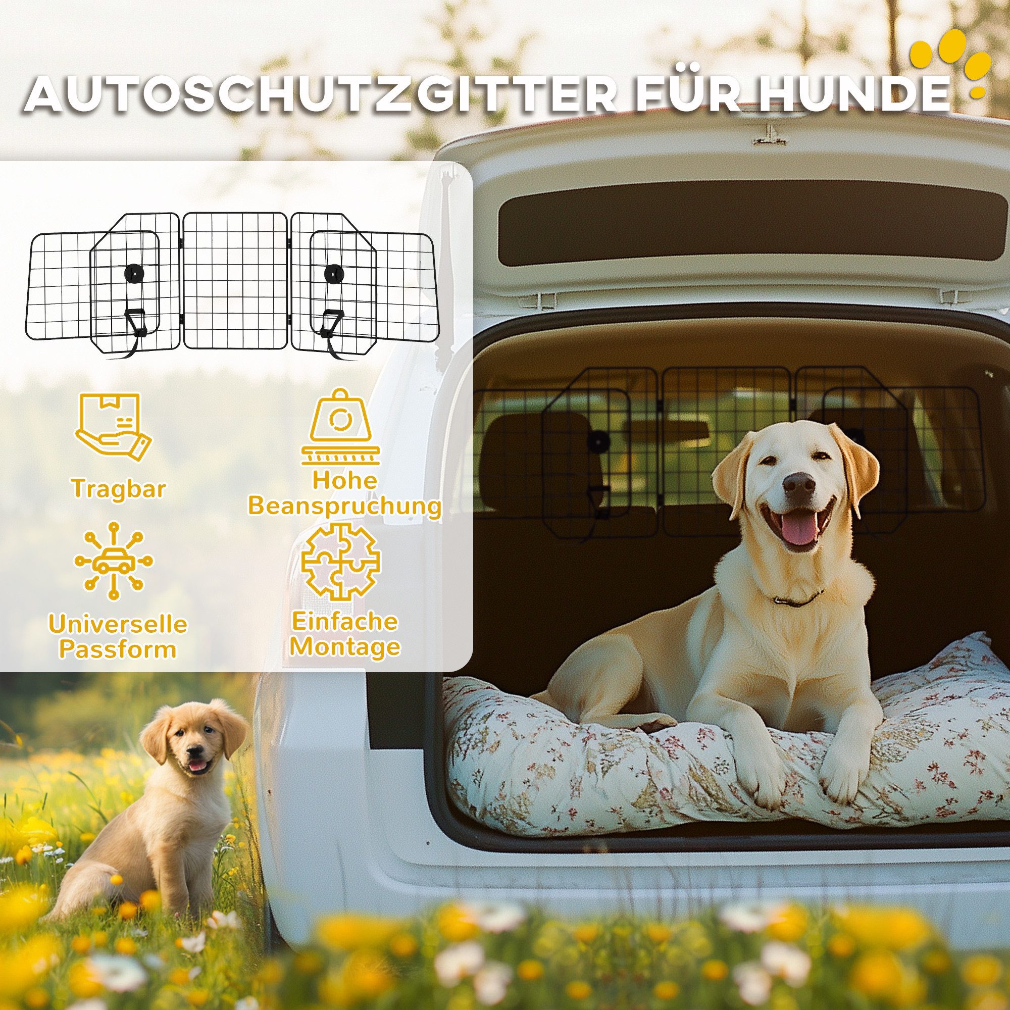 PawHut Hundegitter Auto Kofferraumgitter Verstellbare Breite für Hunde (Trenngitter, 1 St., Hundegitter), Stahl, 93-150 x 42 cm, schwarz – Bild 4 von 5