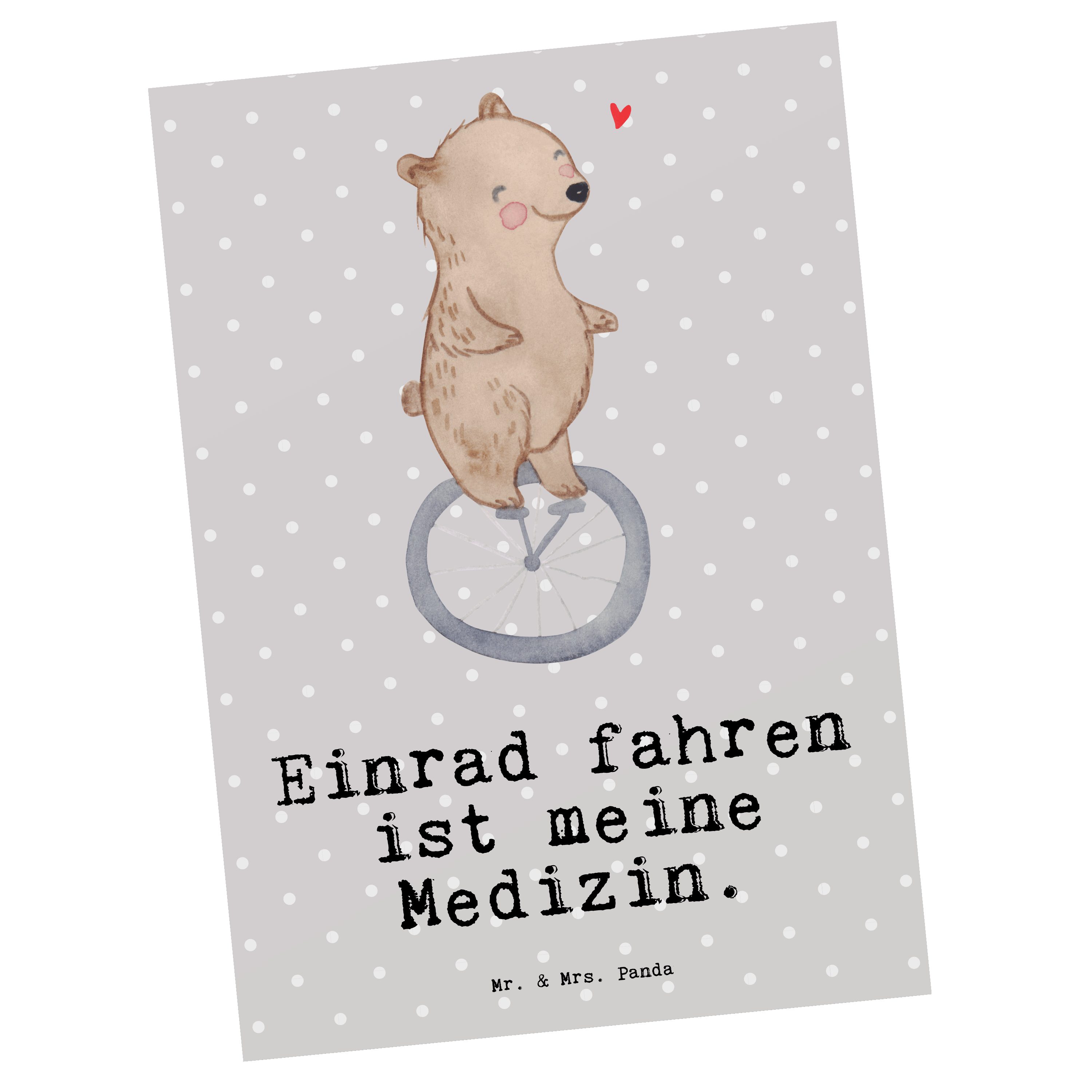 Mr. & Mrs. Panda Postkarte Bär Einrad fahren Medizin - Grau Pastell - Geschenk, Einladung, Gesch