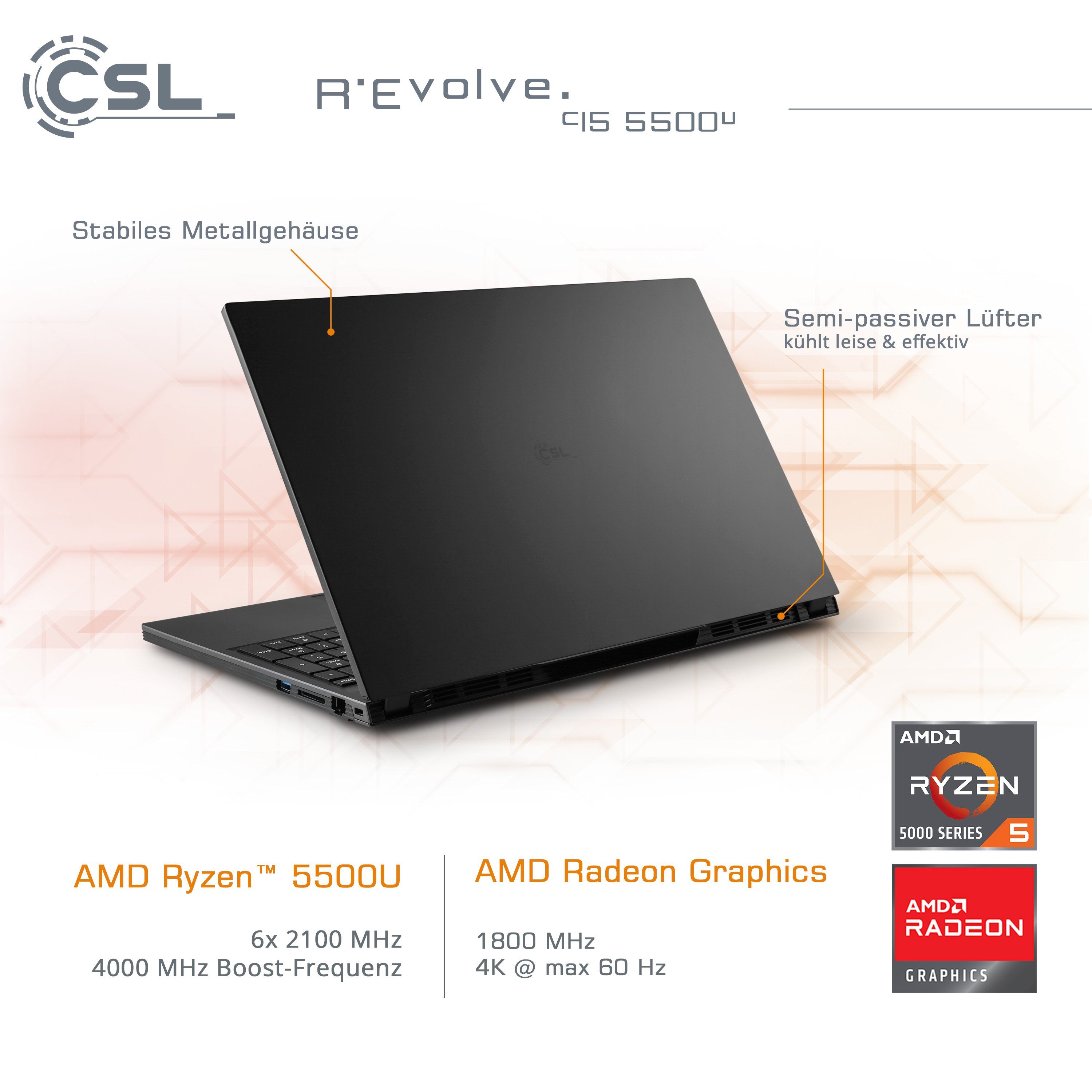 CSL R'Evolve C15 5500U / 16GB / 500GB / Windows 11 Home Notebook (39,6 cm/15,6 Zoll, AMD Ryzen 5 5500U, Radeon Graphics, 16 GB, 500 GB SSD)