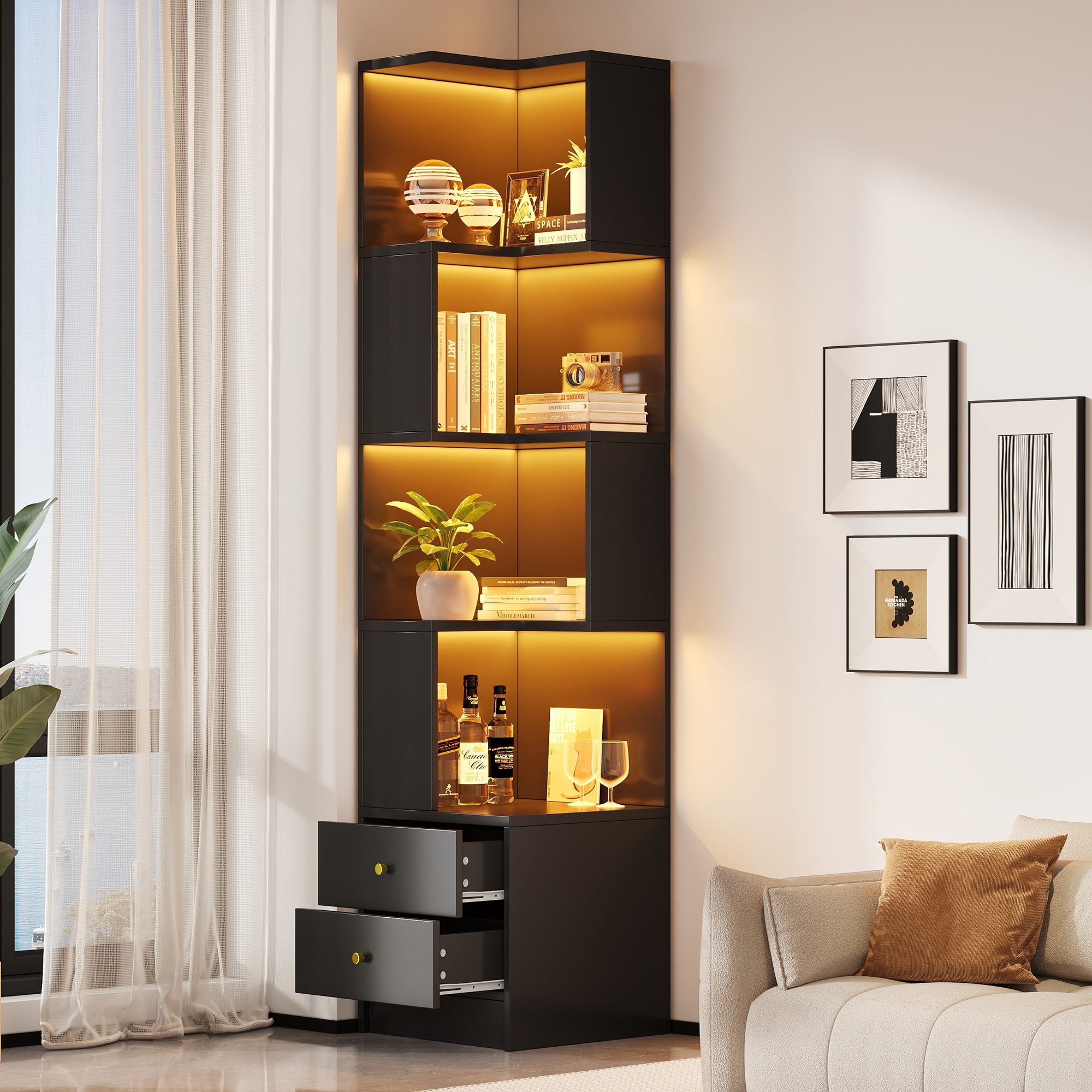 Flieks Bücherregal Standregal Eckregal mit LED-Beleuchtung und 6 Ebenen/5 Ebenen, B63,5/T45/H180 cm 1-tlg., Eckbücherregal mit 4 Fächer&2 Schubladen L-förmig Hochschrank Schwarz