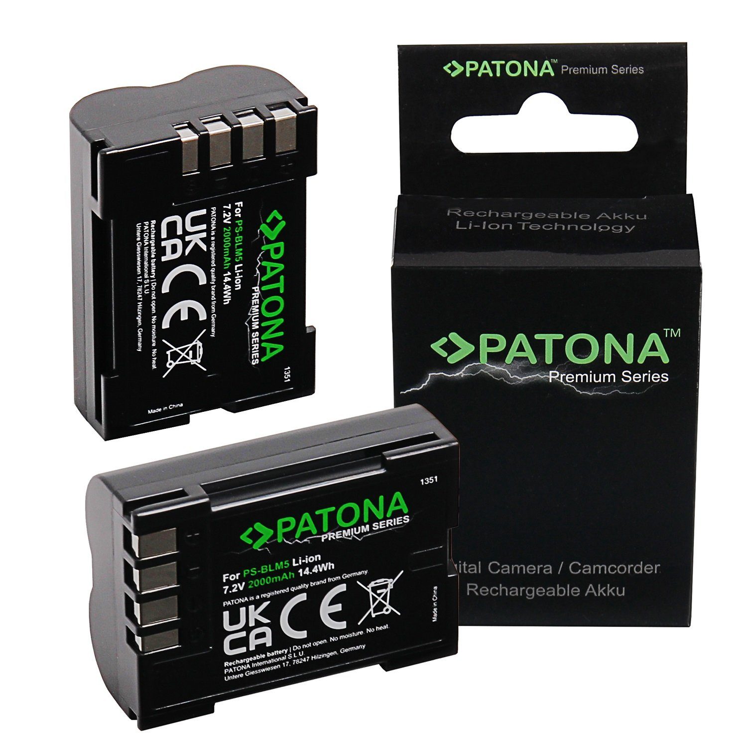 Patona 2x Akku für Olympus BLM1 Kamera-Akku Ersatzakku 2000 mAh (7,2 V, 2 St), BLM5 E1 E3 E5 E300 E330 E500 E510 E520 C-8080 C-7070 C-5060