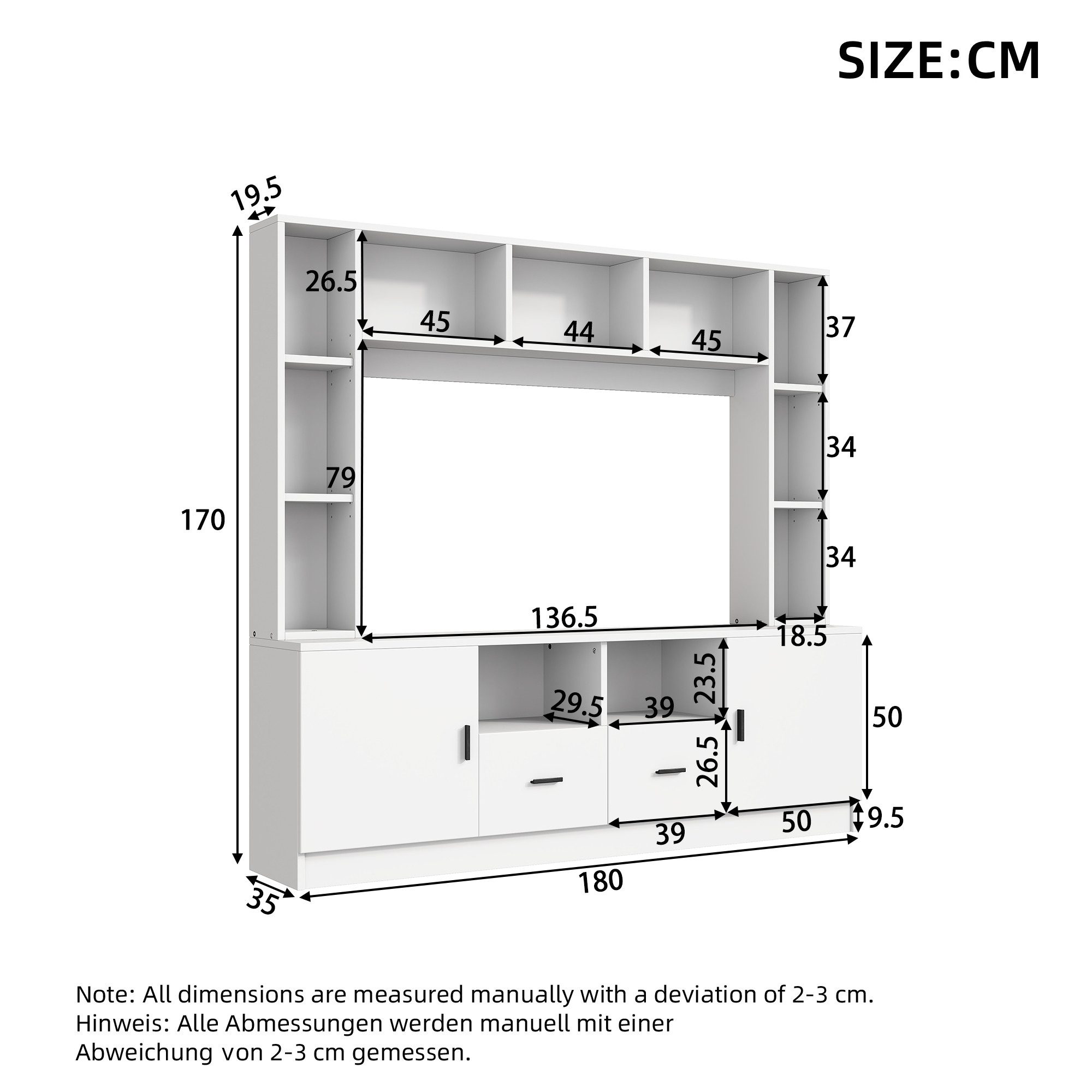 KLAM HOME Wohnwand Moderne Weiße Wohnwand Mit 2 Schränken Und 11 Fächern, (TV Board Mediawand Set Für Fernseher Bis 60 Zoll), Praktische Anbauwand Mit Vitrine U – Bild 3 von 5