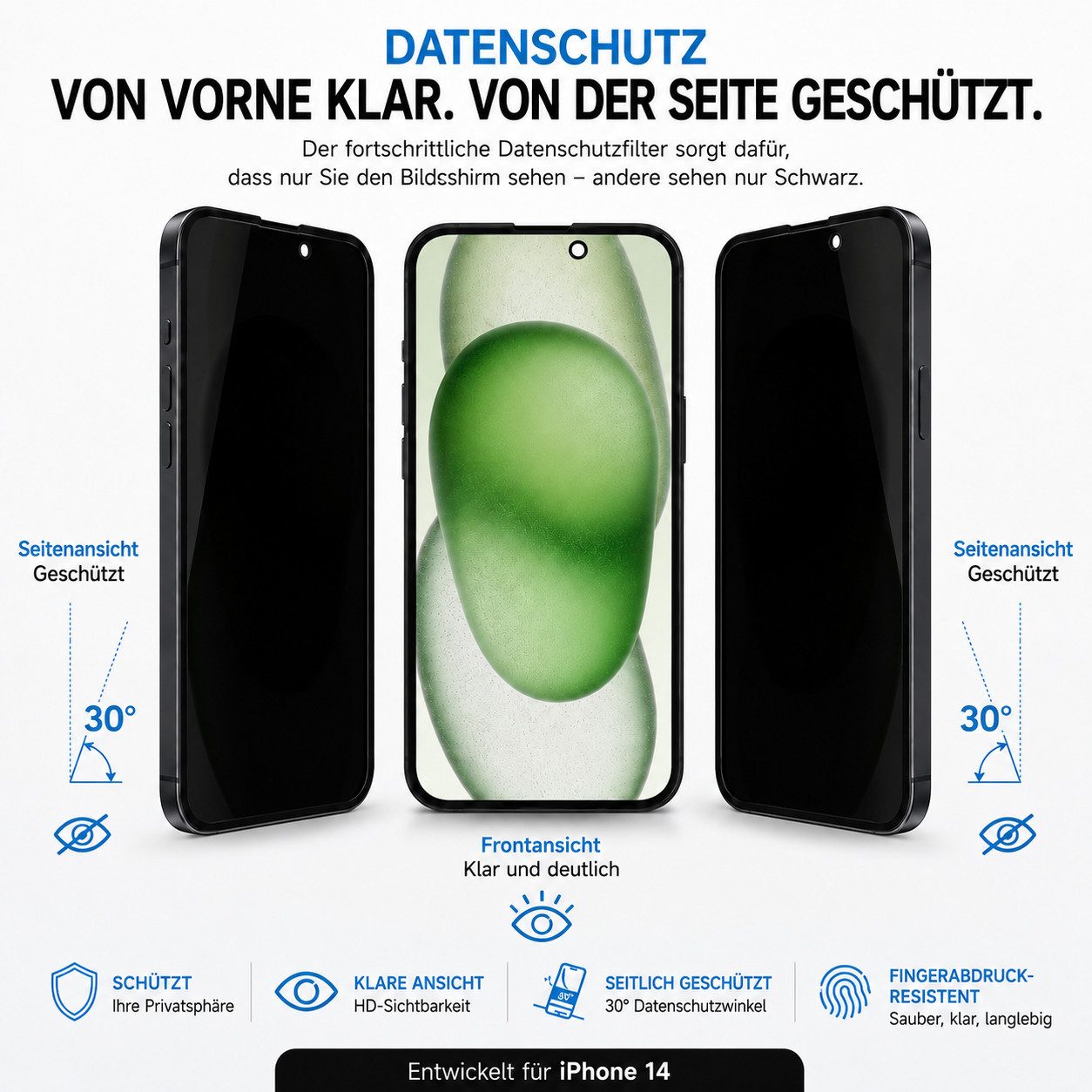 Ventarent Displayschutzglas Privacy Schutzglas für iPhone 14 Serie für Apple iPhone 14 Pro Max, 2er Set, 2 Stück, 9H Hartglas, oleophobe Beschichtung, casefreun – Bild 2 von 5