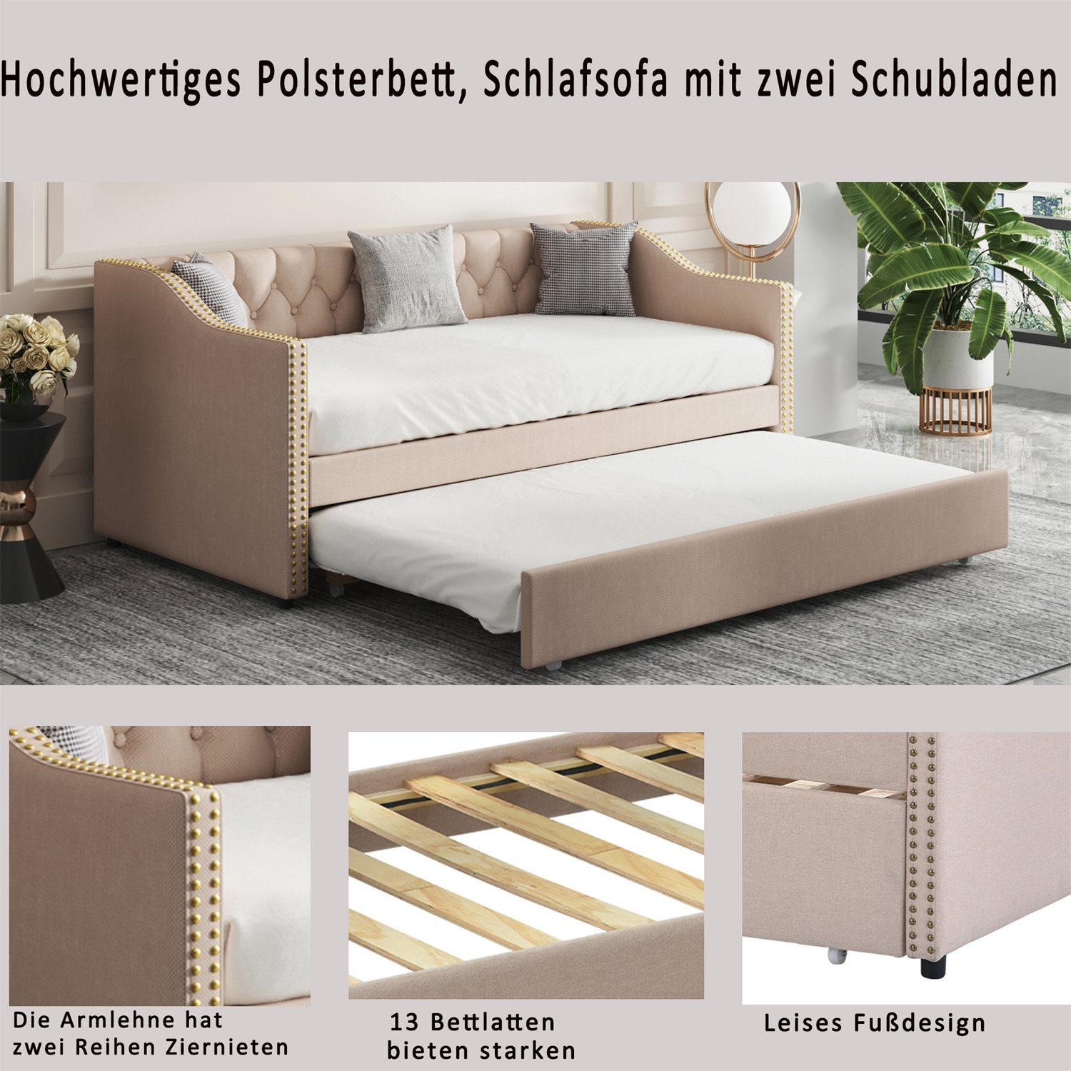 Daybett (Polsterbett mit Ausziehbarem Unterbett und Lattenrost), Schlafsofa Kinderbett Gästebett 90x200cm, Leinen