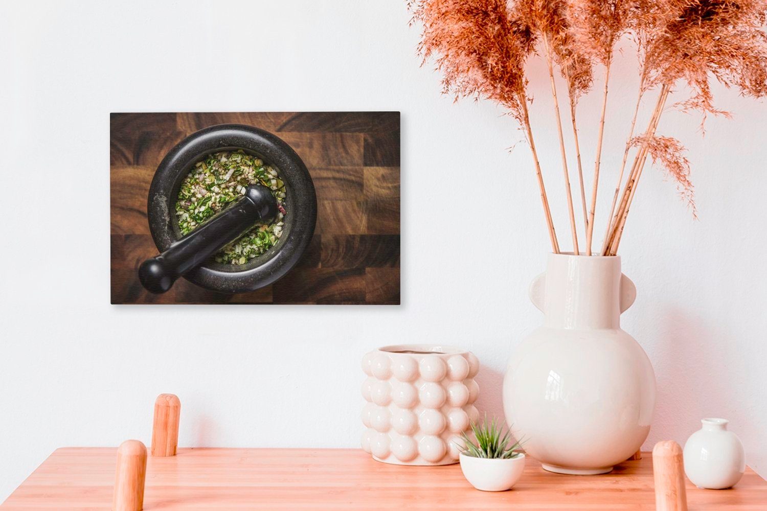 OneMillionCanvasses® Leinwandbild Das grüne Curry (1 Wandbild einem in Aufhängefertig, cm 30x20 Leinwandbilder, St), Wanddeko, Mörser