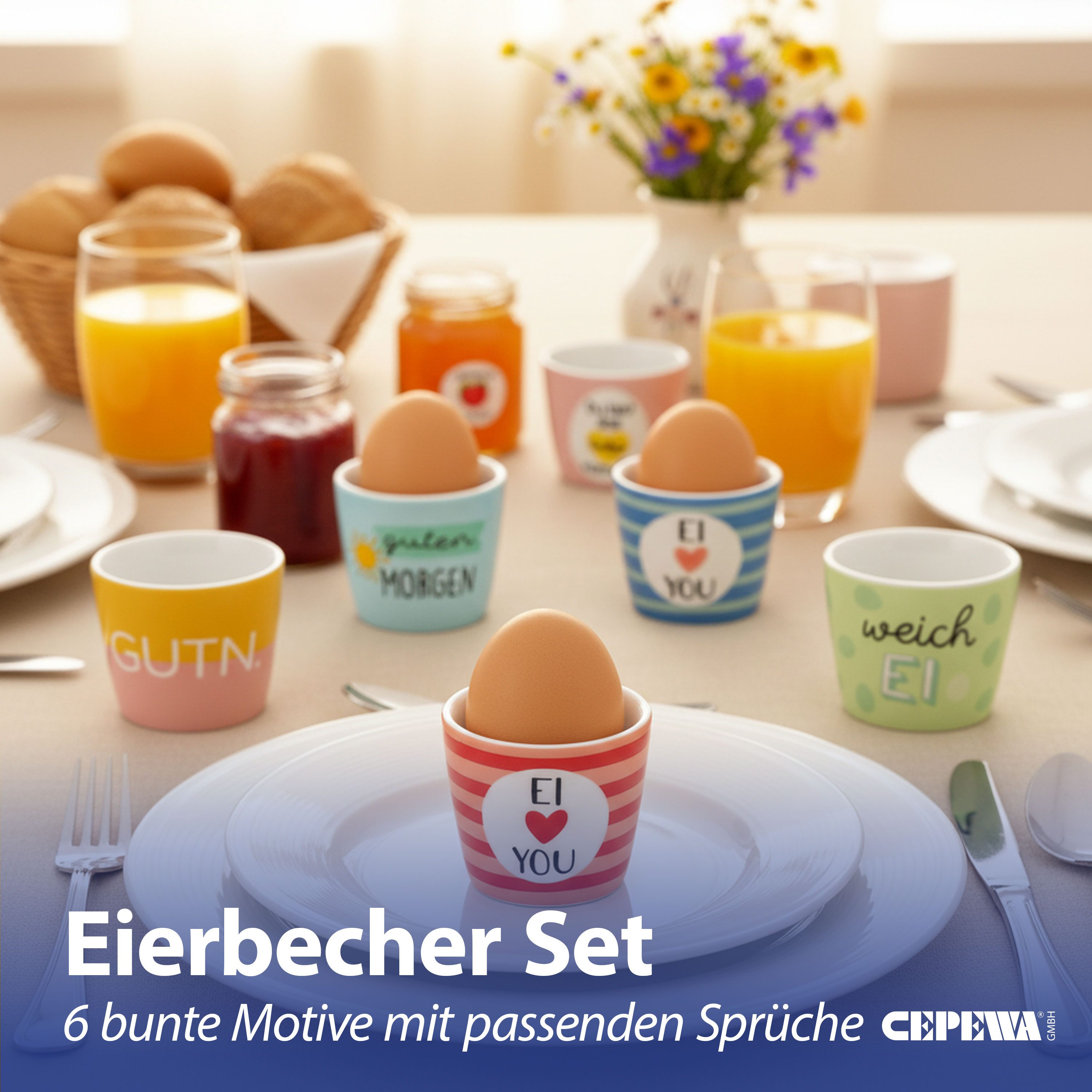 CEPEWA Eierbecher Eierbecher 6er Set 6 Motive Steingut bunt 5x4cm Gute Laune Sprüche