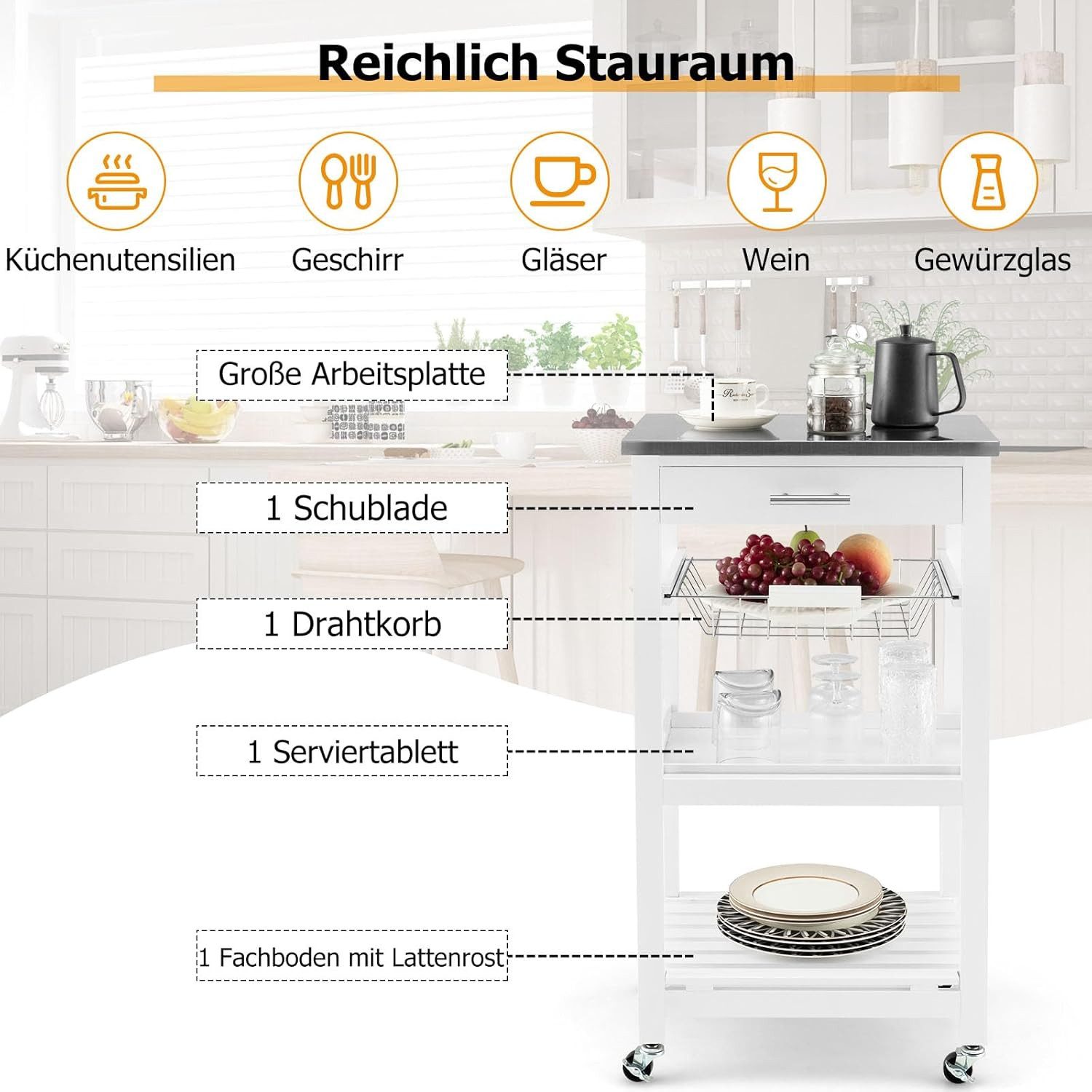 KOMFOTTEU Servierwagen Rollwagen, auf Rollen, mit Stahl-Arbeitsplatte günstig online kaufen