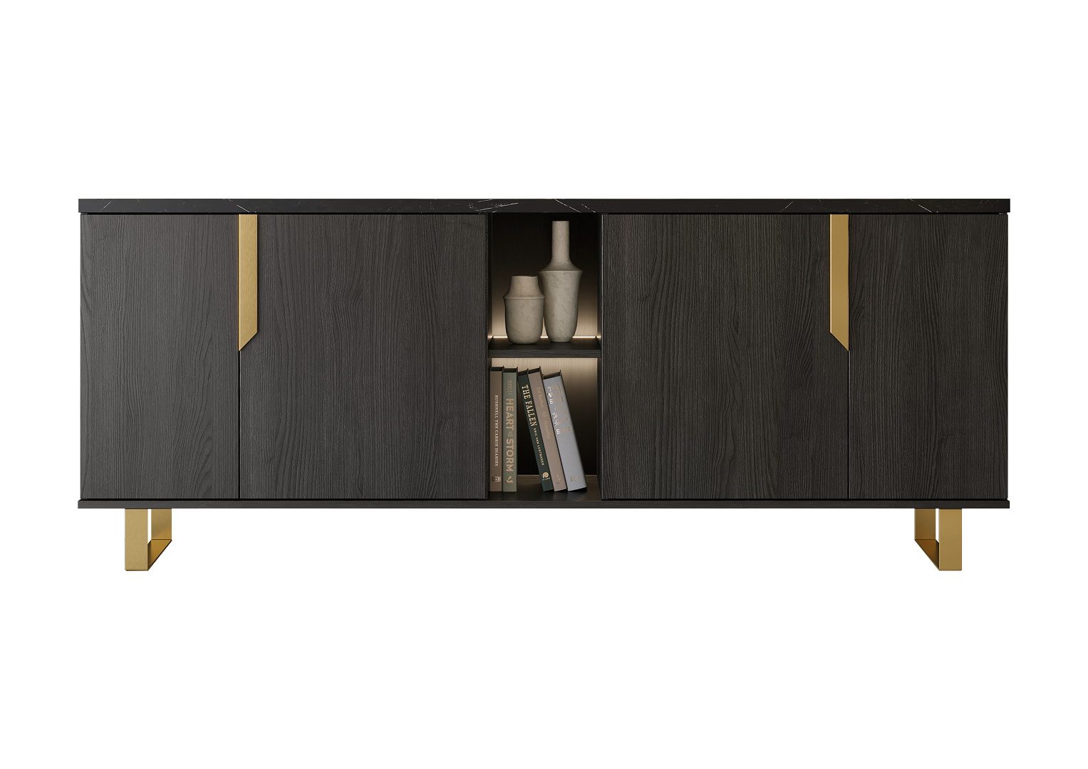 Interdesign24 Sideboard Orion (4-Türig mit 2 offenen Fächern, mit goldfarbenen Griffen, in dunkler Rosenholzoptik mit Oberplatte in Marmoroptik), Made in Italy