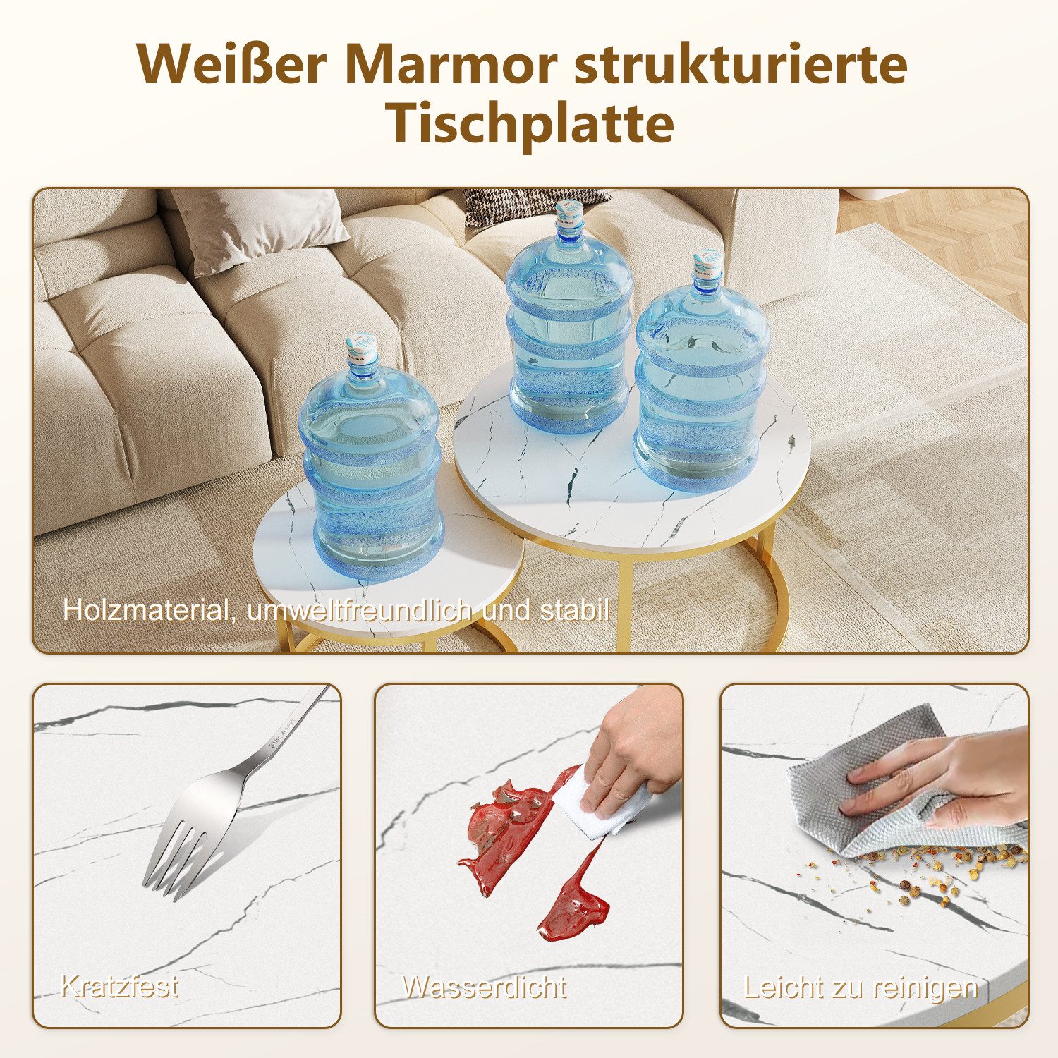 Hiazurm Couchtisch Couchtisch 2er Set mit Marmormuster, Kaffeetisch, Beistelltisch (Satztisch für Wohnzimmer & Büro & Schlafzimme & Balkon, 2er Set), 70x45cm+50x40cm, Rund