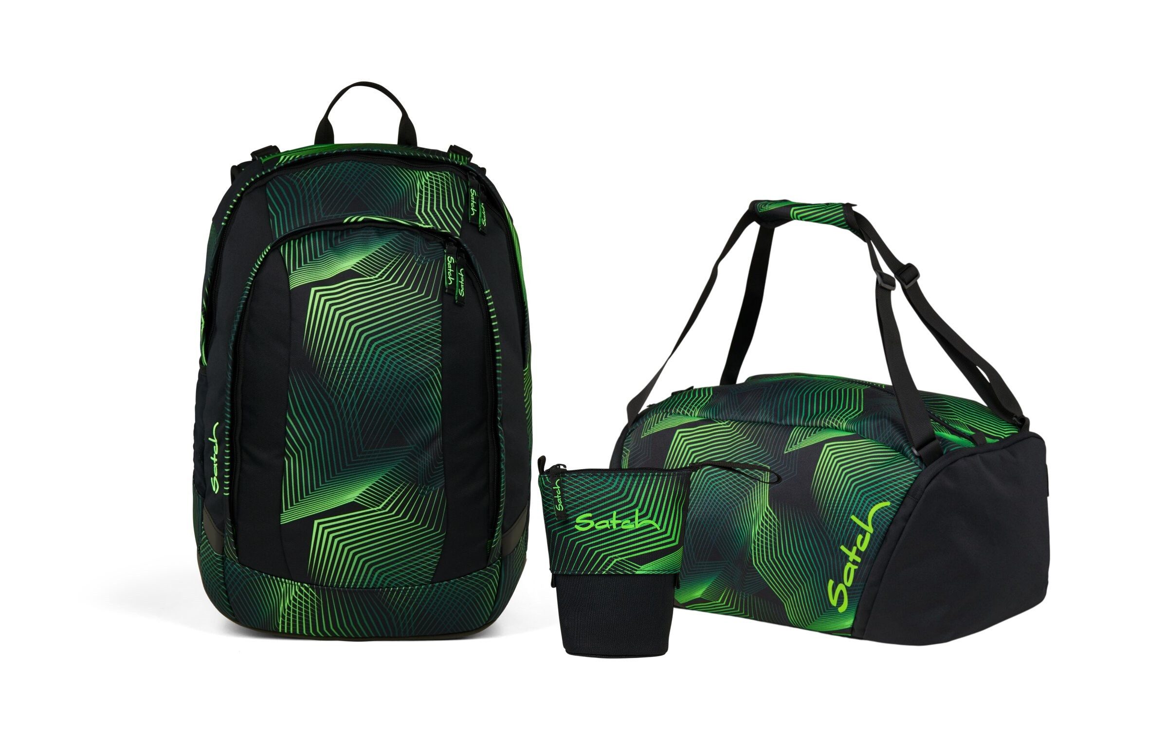 Satch Schulranzen Schulrucksack-Set AIR Seismic Green 3-teilig (3-teilig), Schulranzen, ergonomisch, Laptop-Fach, Your-Size-System