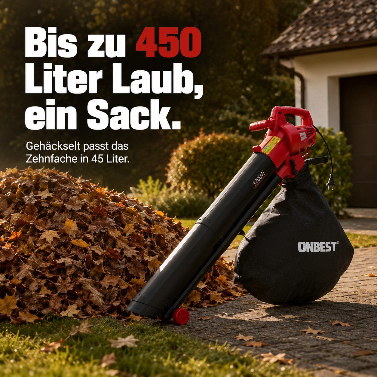 Onbest Elektro-Laubbläser LV3245 3in1 Laubsauger Laubhäcksler, 10:1 Mulchen, 45L Fangsack, 3200W – Bild 4 von 5